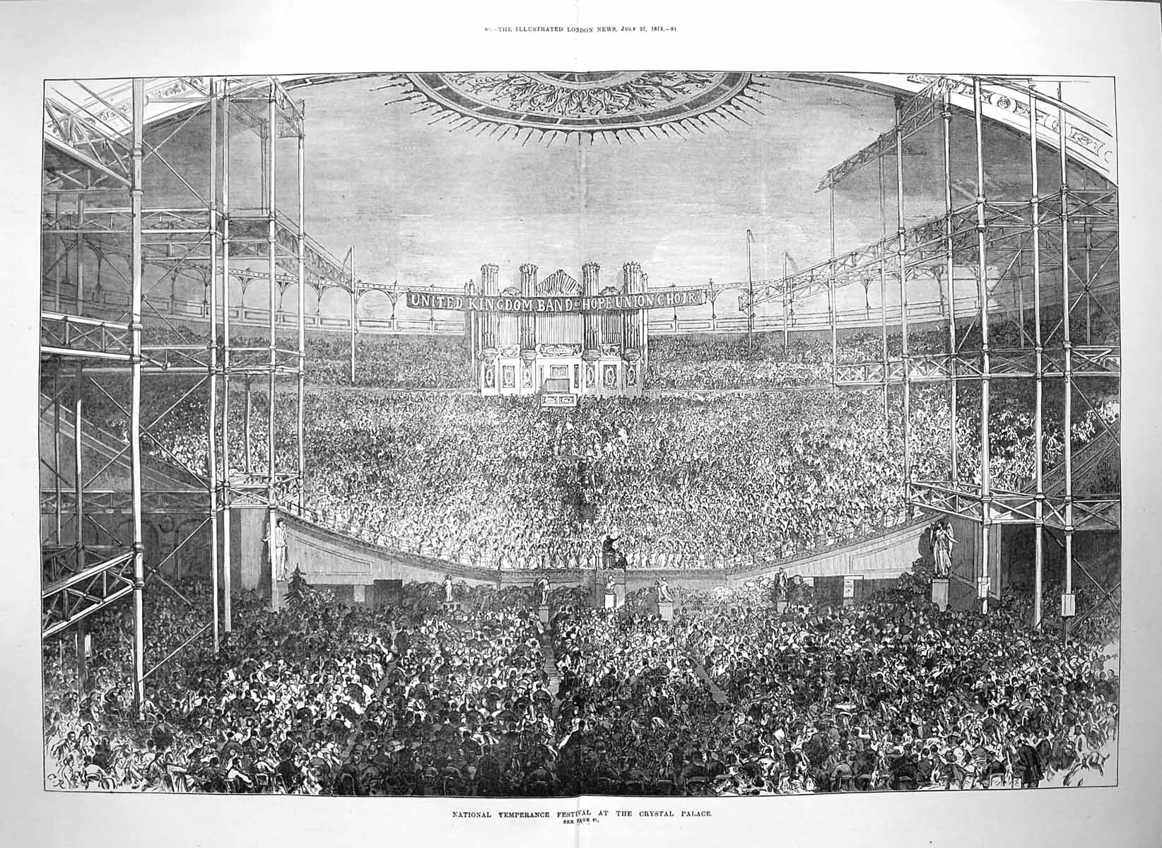 Original Old Antique Print 1872 National Temperance Festival Crystal Palace 0