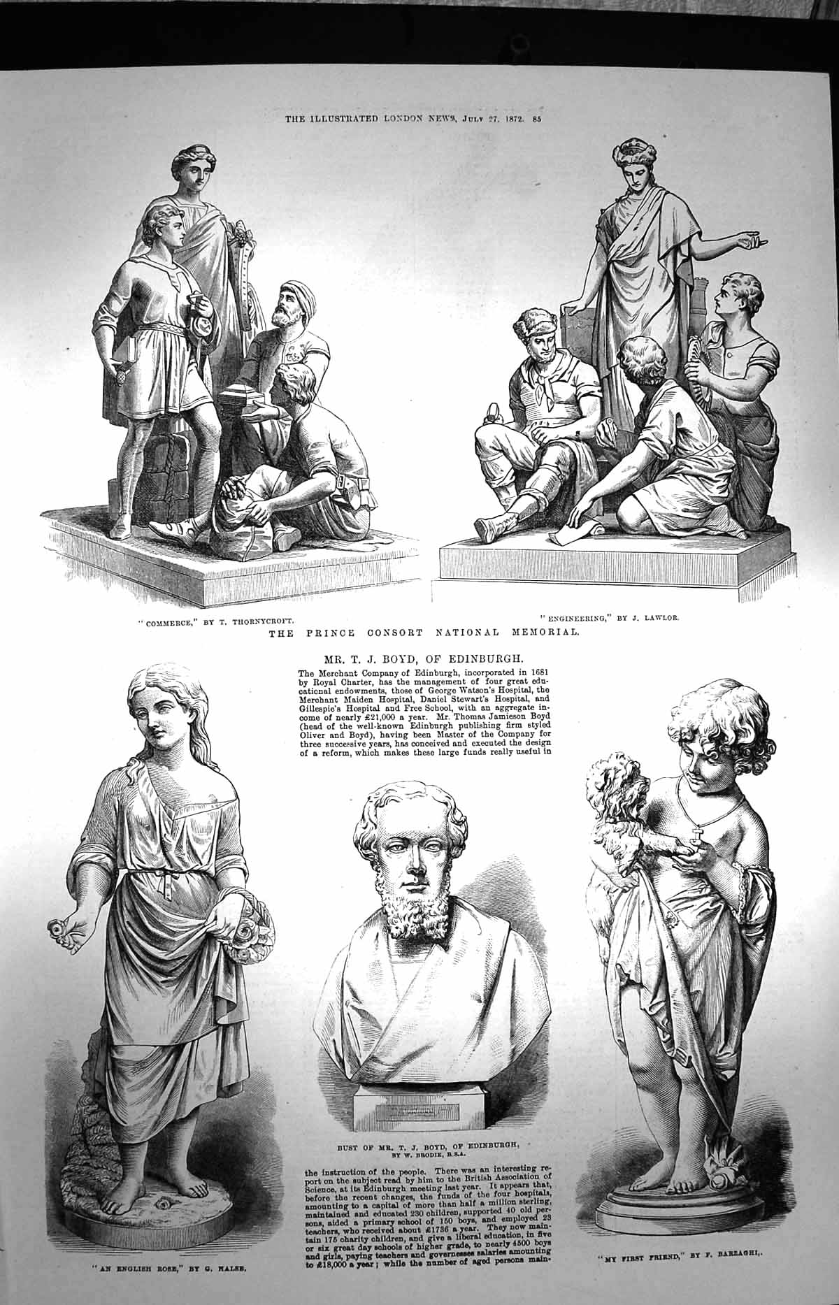Old Antique Print 1872 Prince Consort Memorial Commerce Rose Boyd Friend 19th