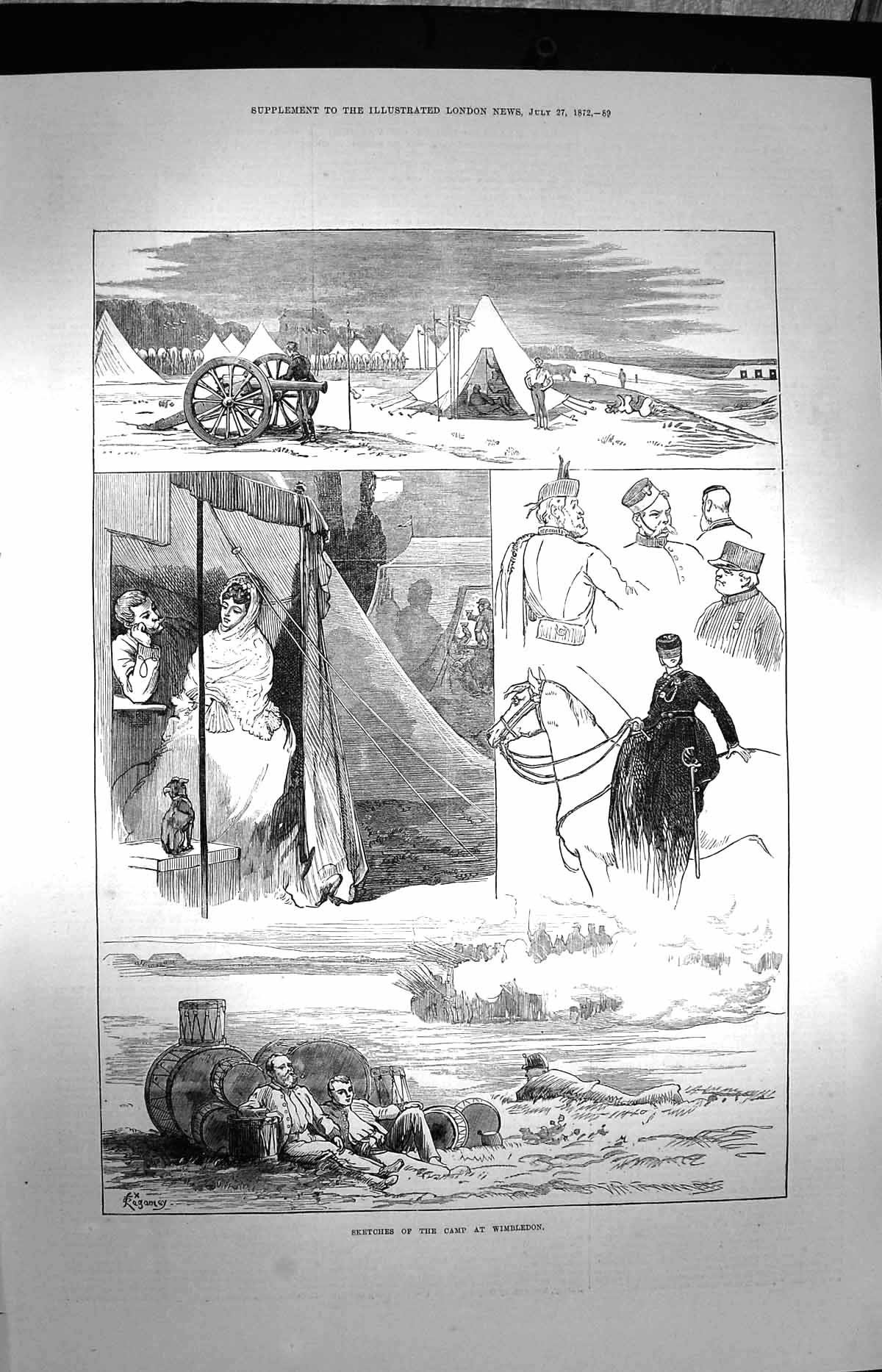 Original Old Antique Print 1872 Sketches Camp Wimbledon Rifle Shooting Sport