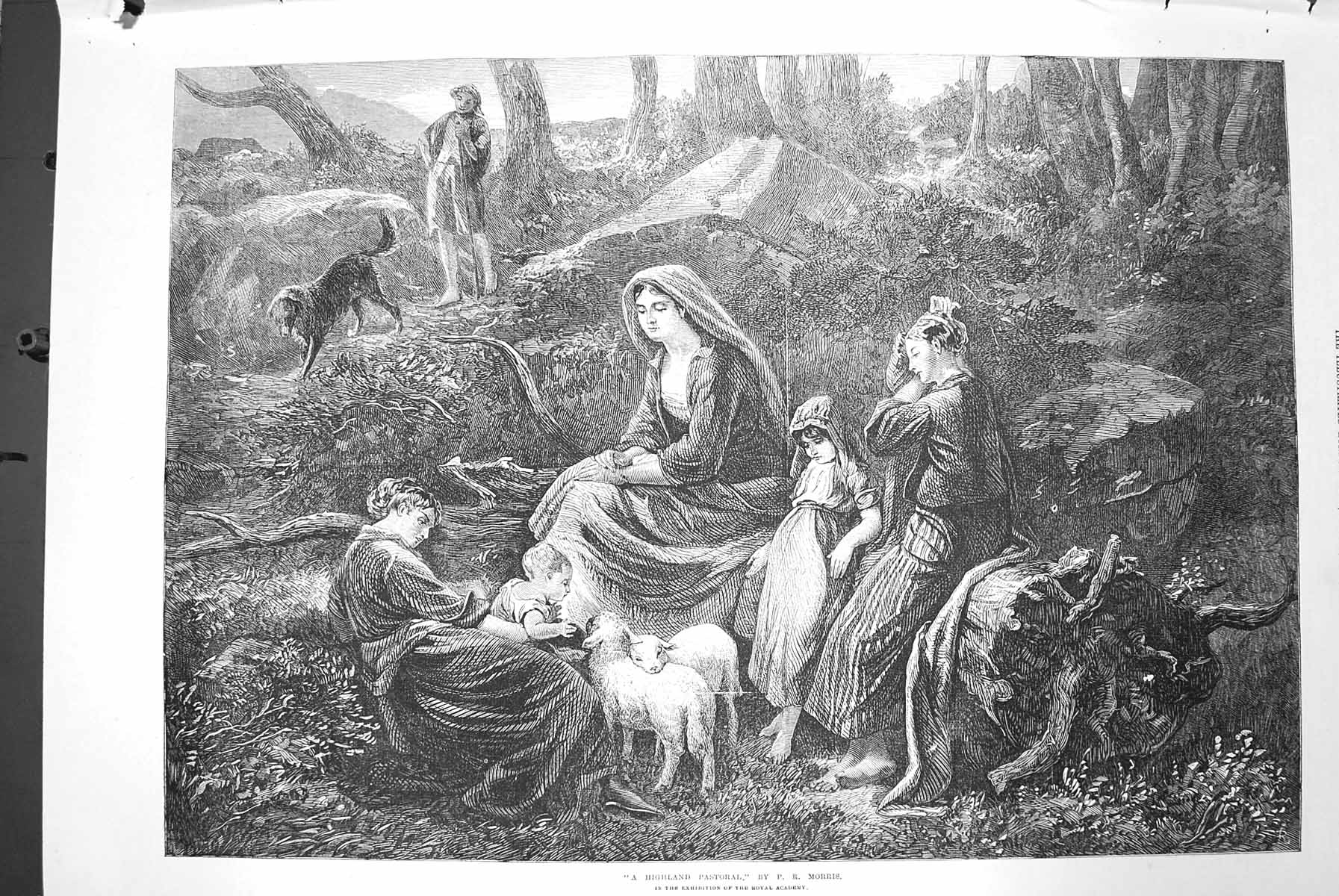 Original Old Antique Print 1872 Highland Pastoral Sheep Children Dog Shepherd