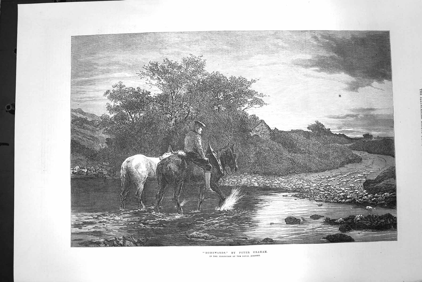 Original Old Antique Print 1872 Homeward Peter Graham Man Horses Stream Trees