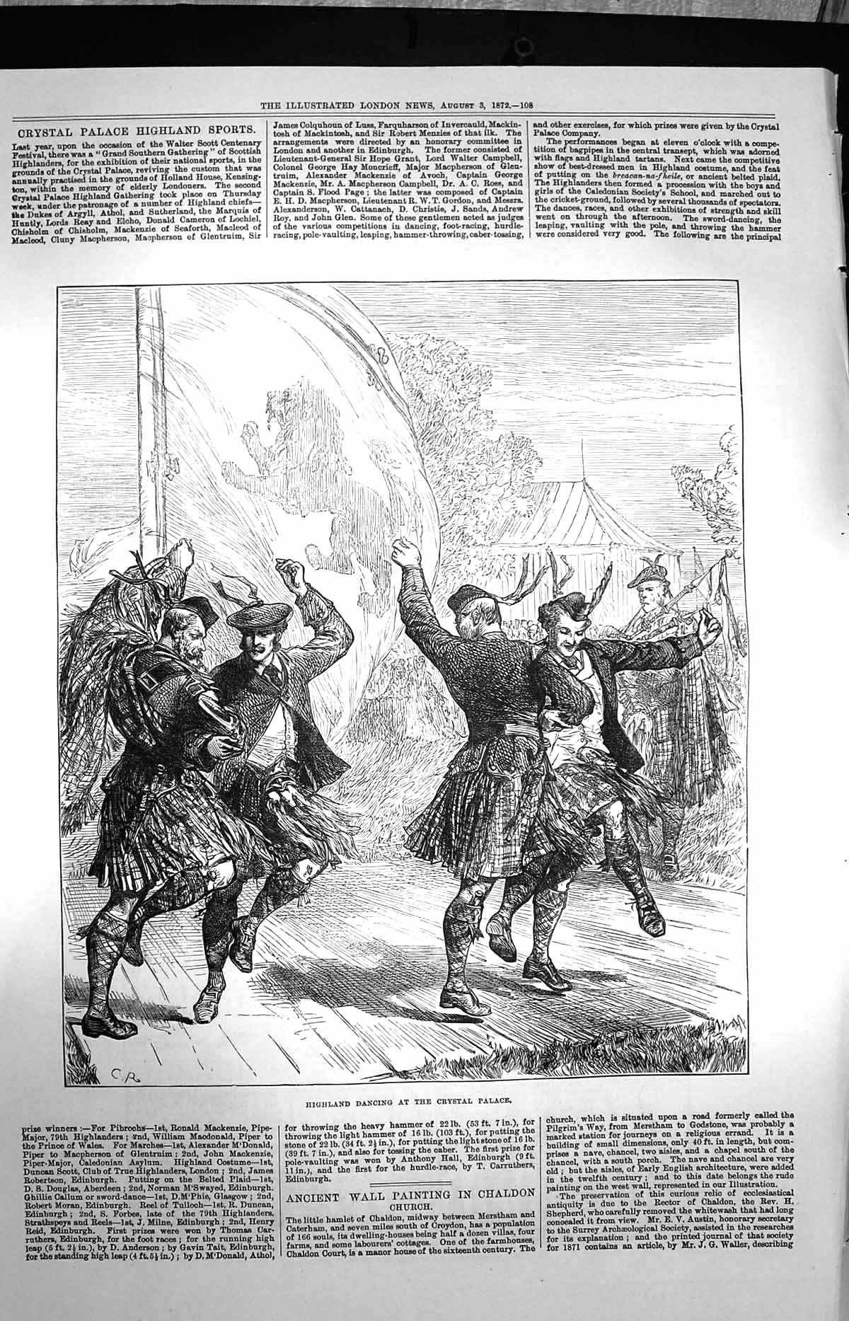 Original Old Antique Print 1872 Highland Dancing Crystlal Palace Dancing Kilts