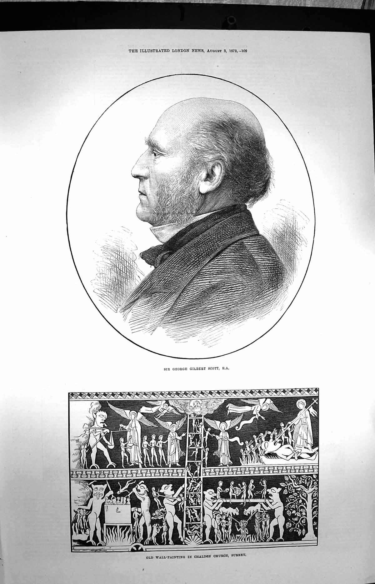 Original Old Antique Print 1872 George Gilbert Scott Wall-Painting Chaldon 19th