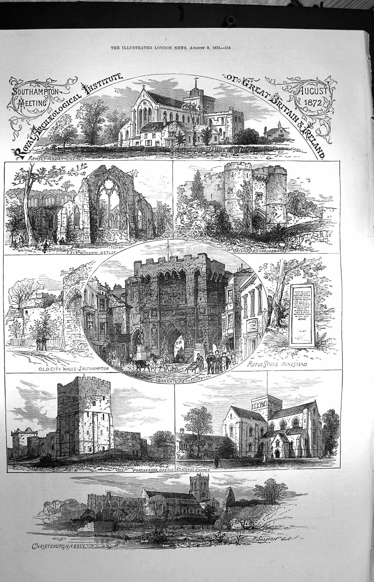 Original Old Antique Print 1872 Christchurch Abbey Southampton Bargate Netley