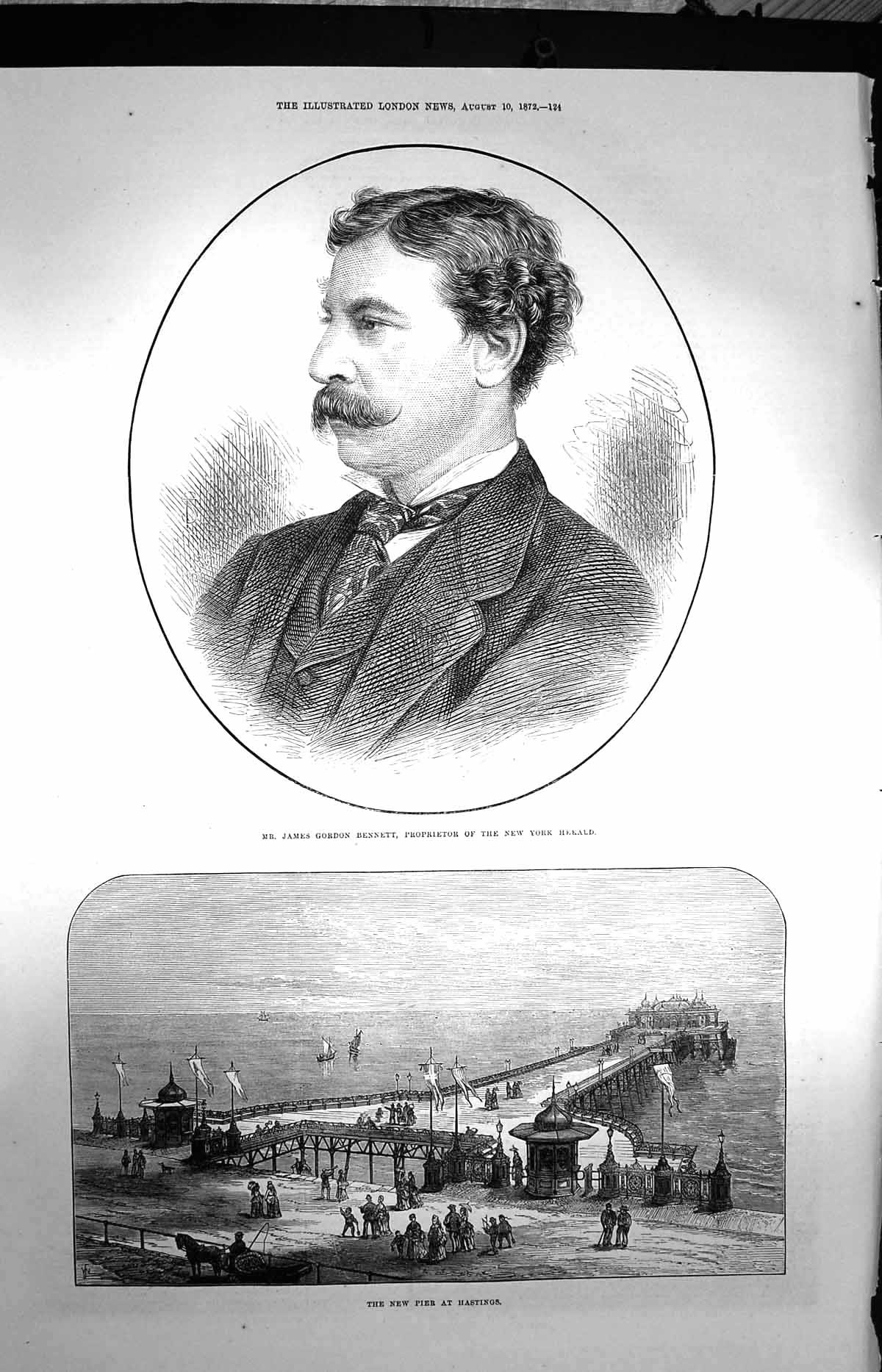 Old Antique Print 1872 James Gordon Bennett New York Herald Hastings Pier 19th