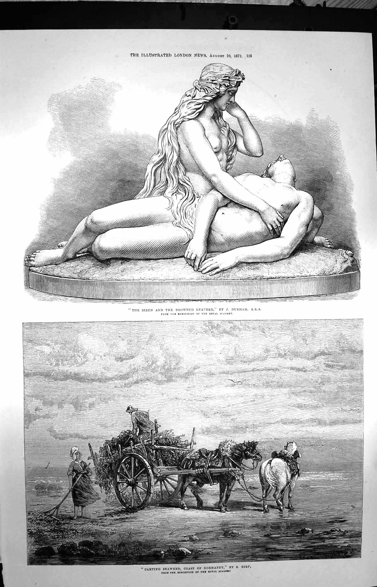 Original Old Antique Print 1872 Siren Drowned Leander Carting Seaweed Normandy