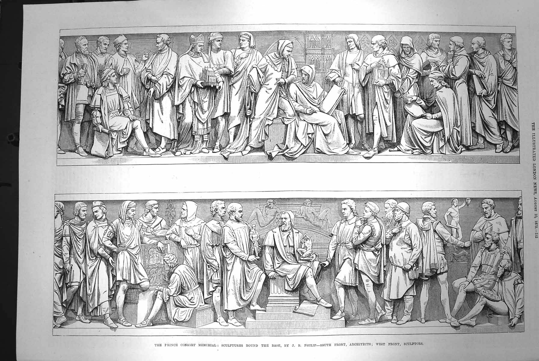 Original Old Antique Print 1872 Prince Consort Memorial Sculptures Round Base