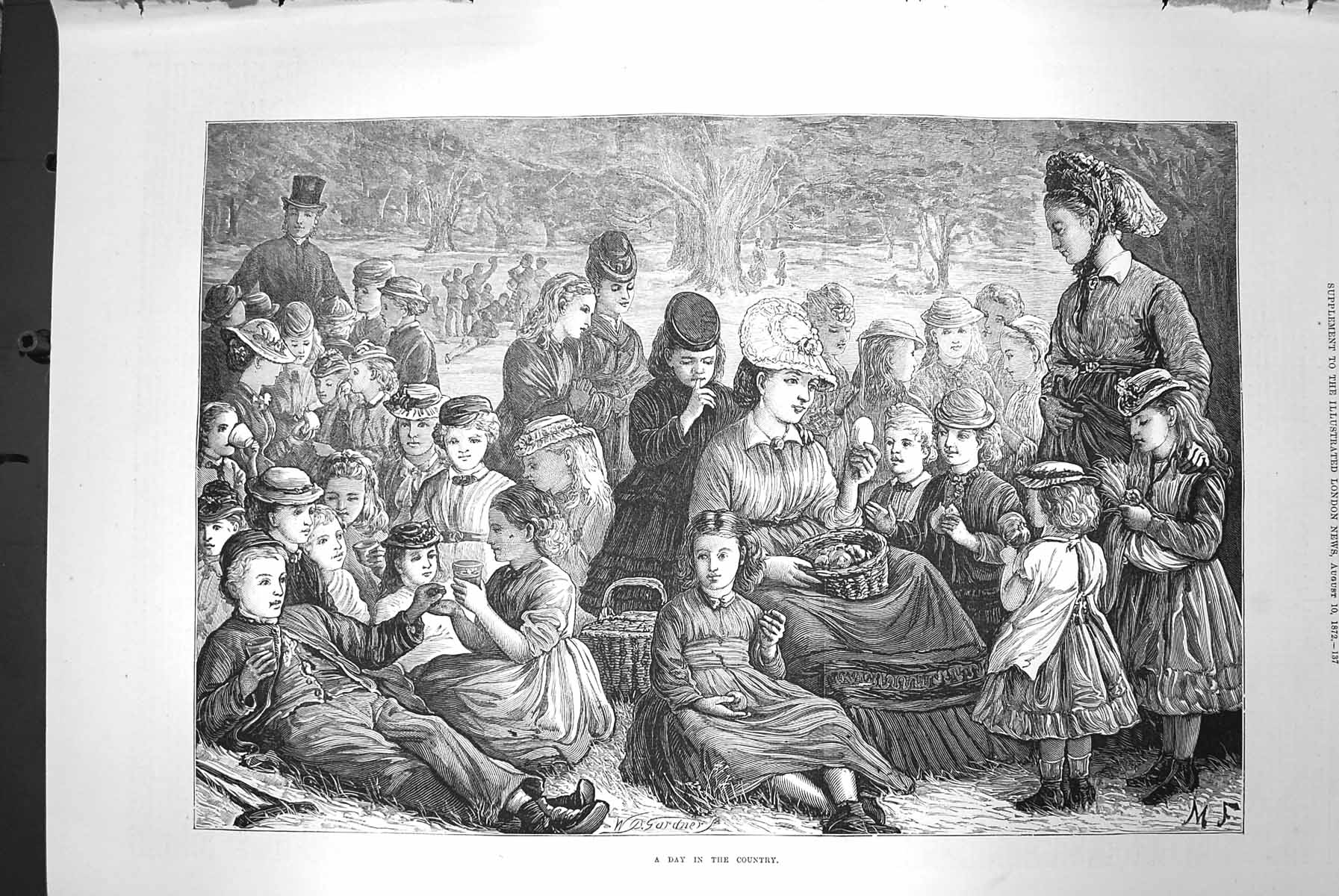 Old Antique Print 1872 Day Out In The Country Children Families Gardner 19th