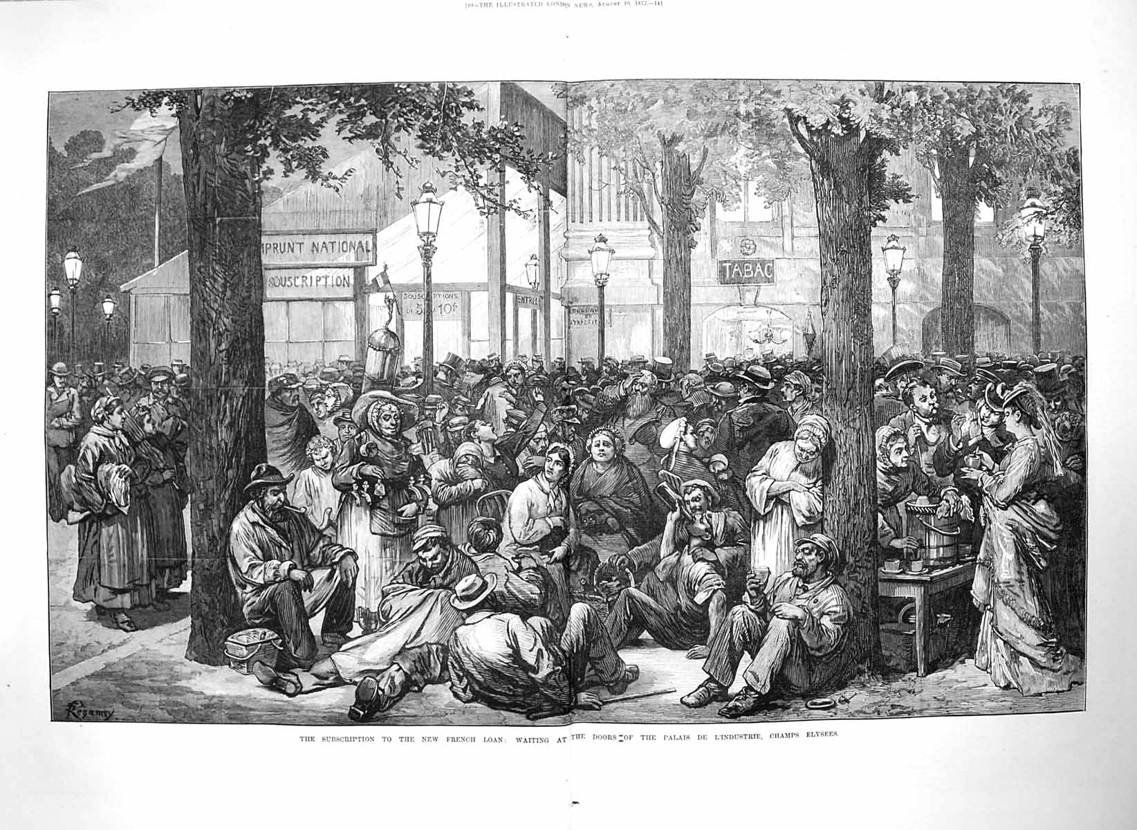 Old Antique Print 1872 People Doors Palais De L'Industrie Champs Elysees 19th