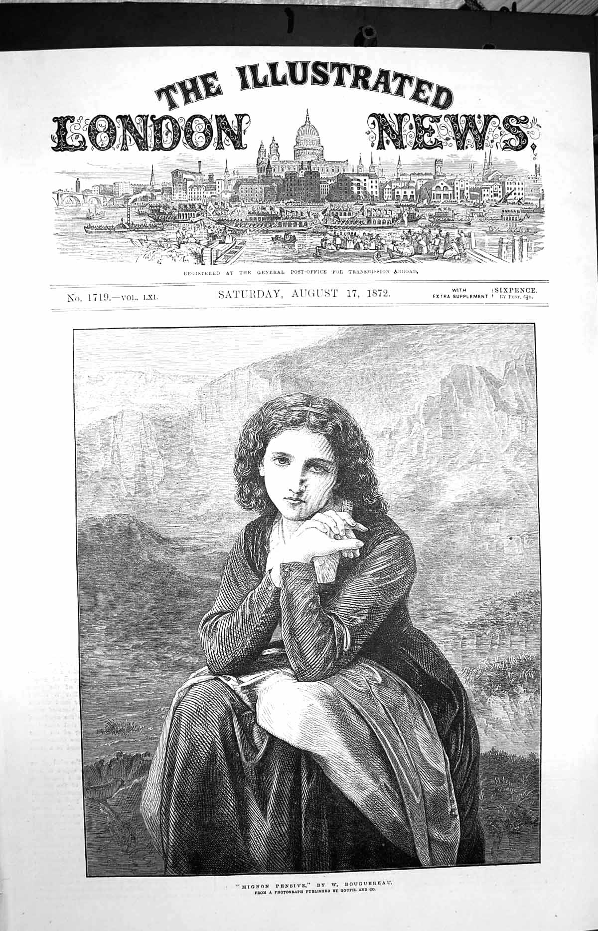 Original Old Antique Print 1872 Portrait Mignon Pensive Beautiful Lady 19th