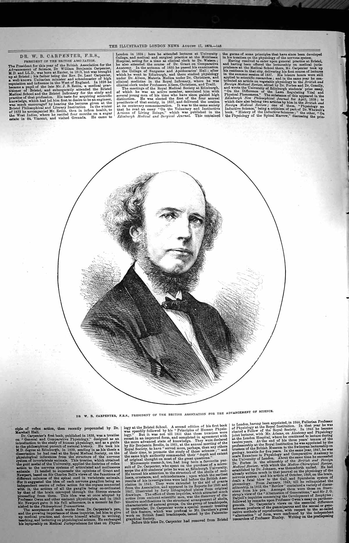 Original Old Antique Print 1872 Carpenter President British Advancement Science