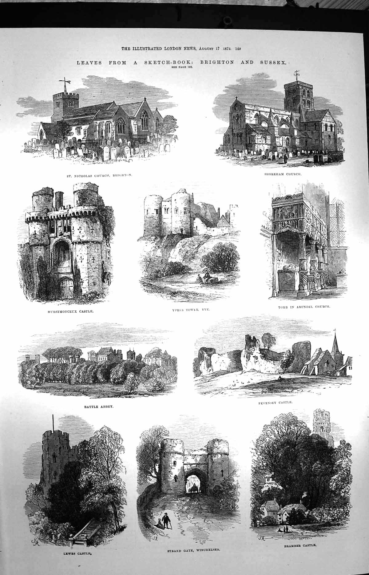 Old Antique Print 1872 Brighton Sussex Church Battle Abbey Lewes Castle 19th