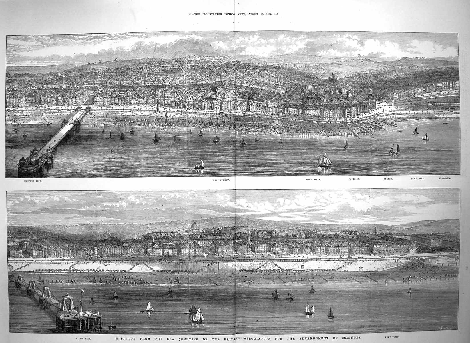 Original Old Antique Print 1872 Brighton Town Hall Pavilion Steyne Aquari 19th
