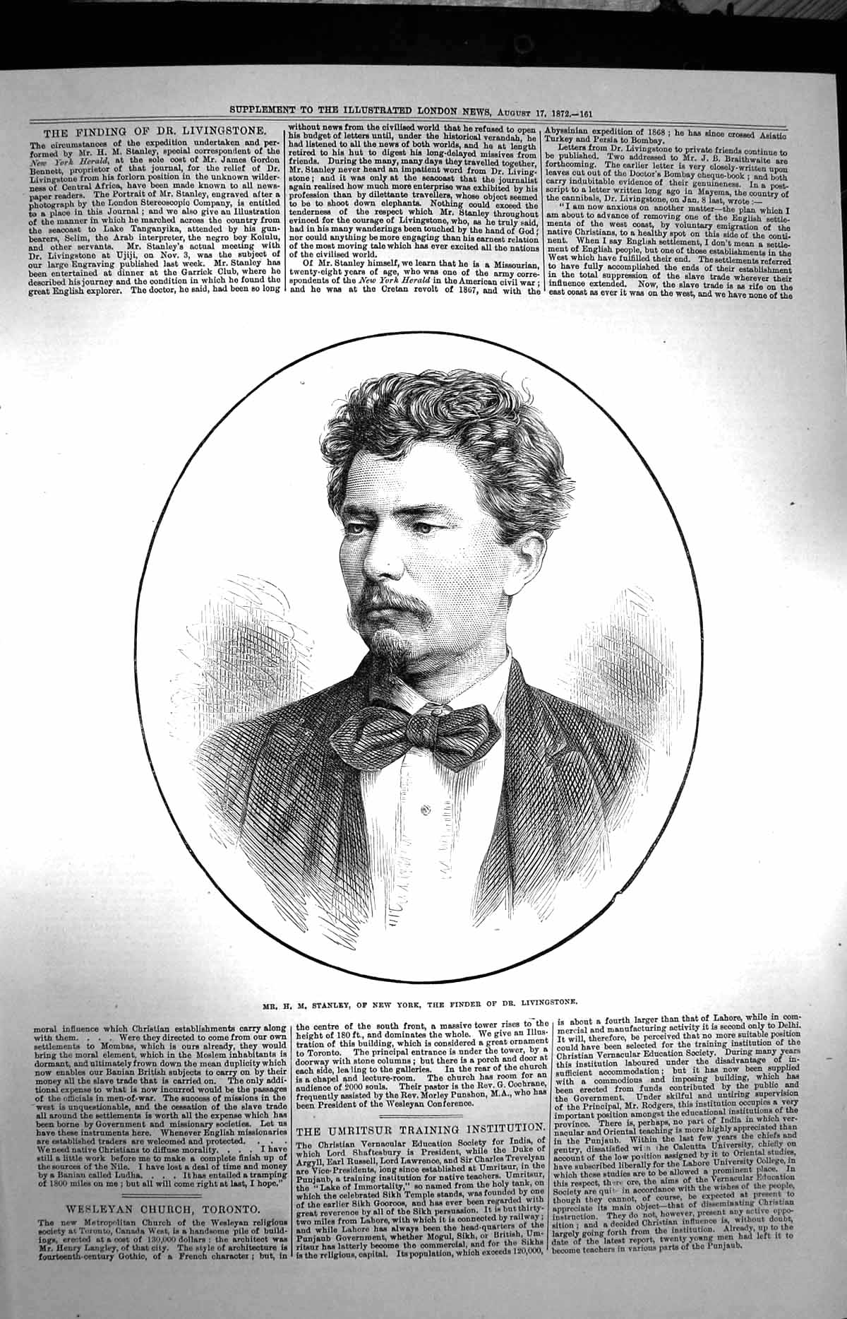 Original Old Antique Print 1872 Portrait Stanley New York Finder Livingstone