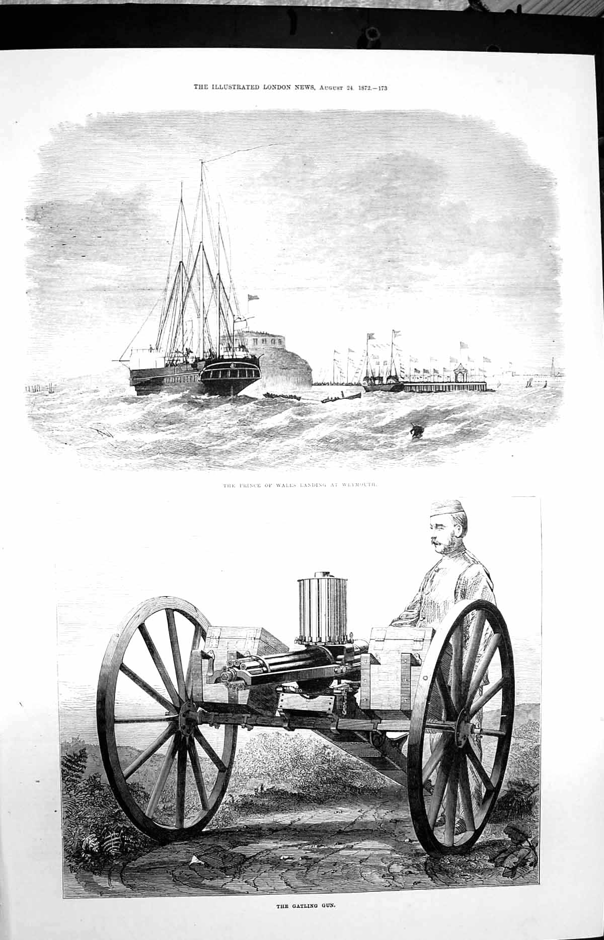 Original Old Antique Print 1872 Prince Wales Weymouth Ships Gatling Gun Sier