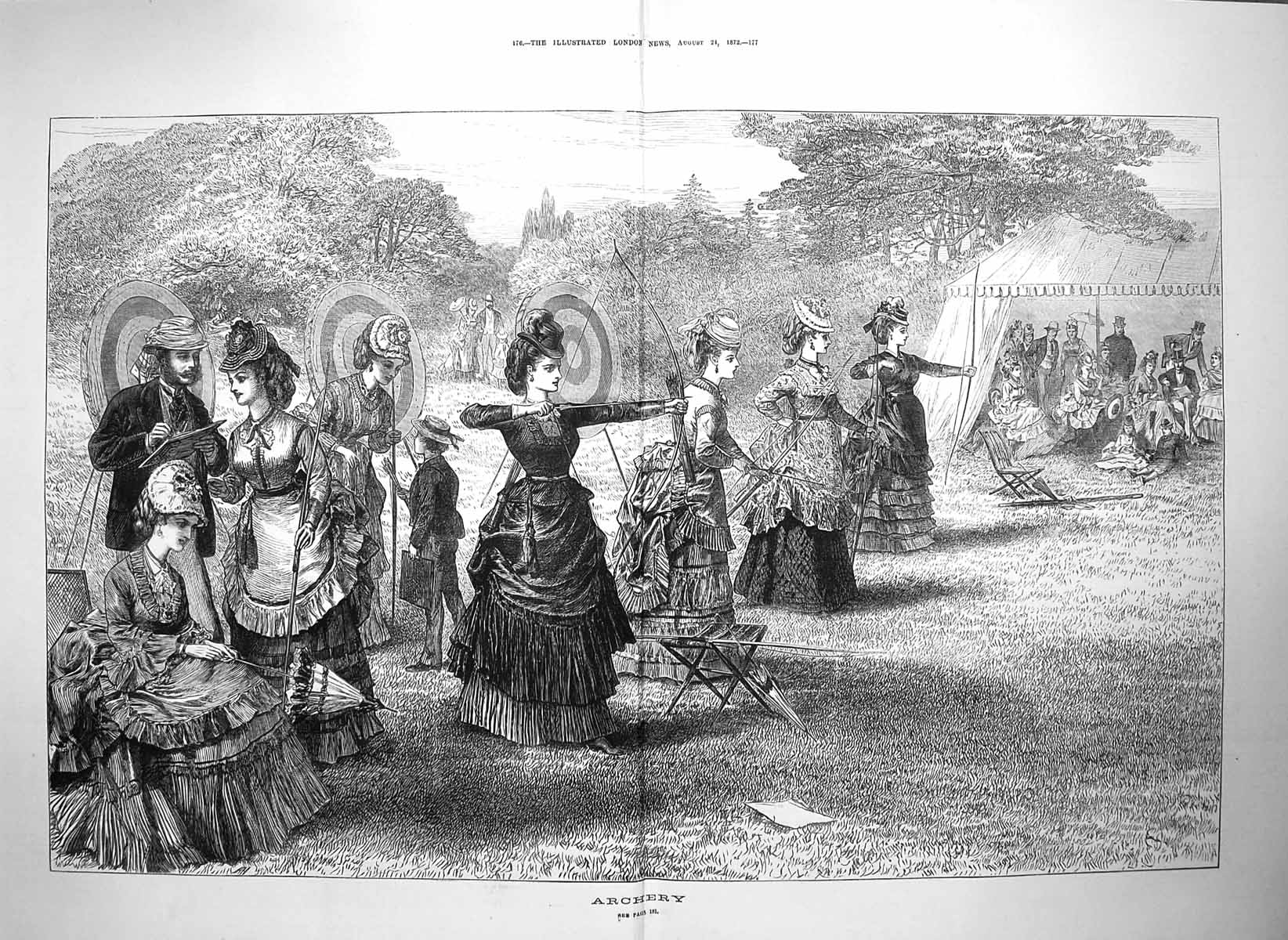 Original Old Antique Print 1872 Ladies Archery Bow Arrow Sport Tent Targets