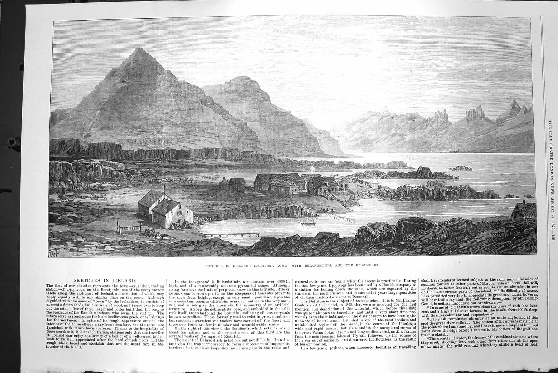 Original Old Antique Print 1872 Iceland Djupivogr Town Bulandstindr Berufjordr