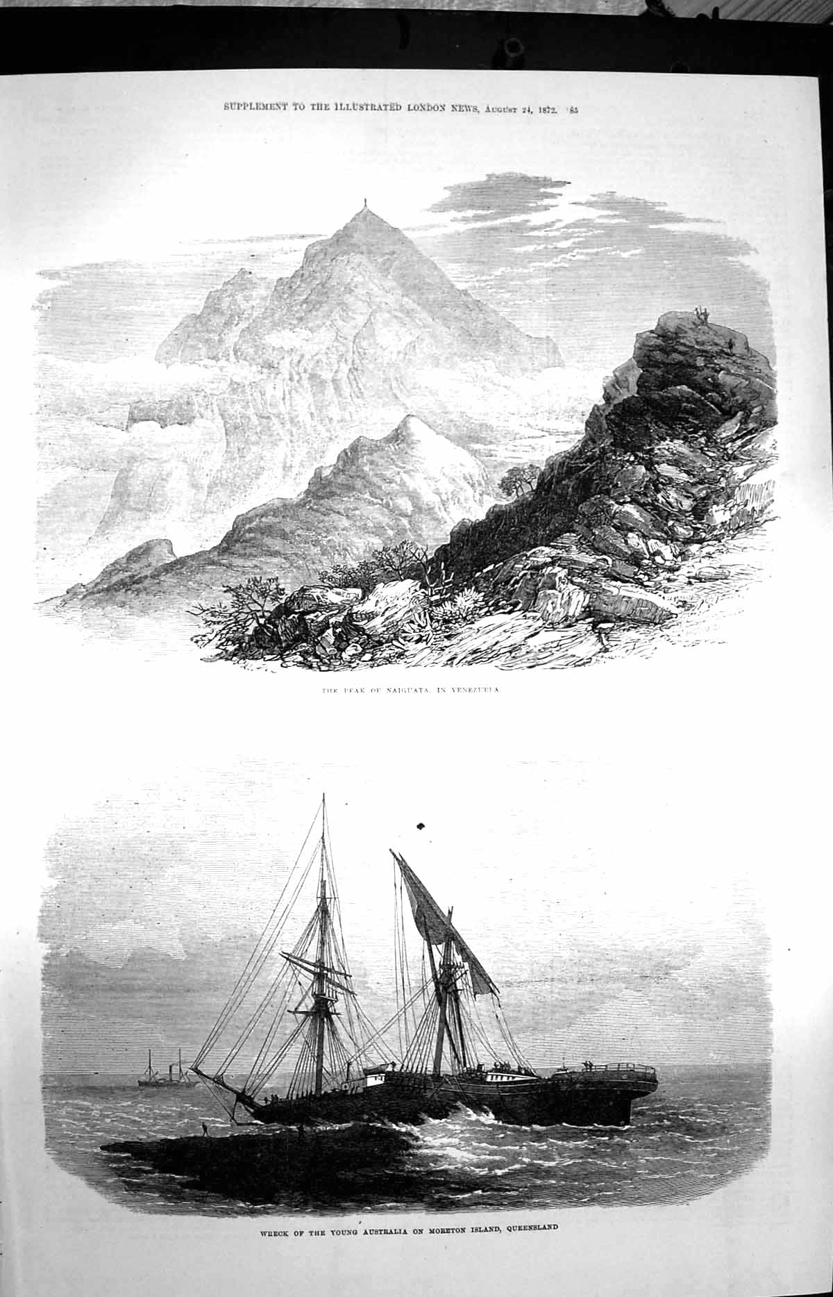 Original Old Antique Print 1872 Peak Naiguata Venezuela Ship Wreck Australia