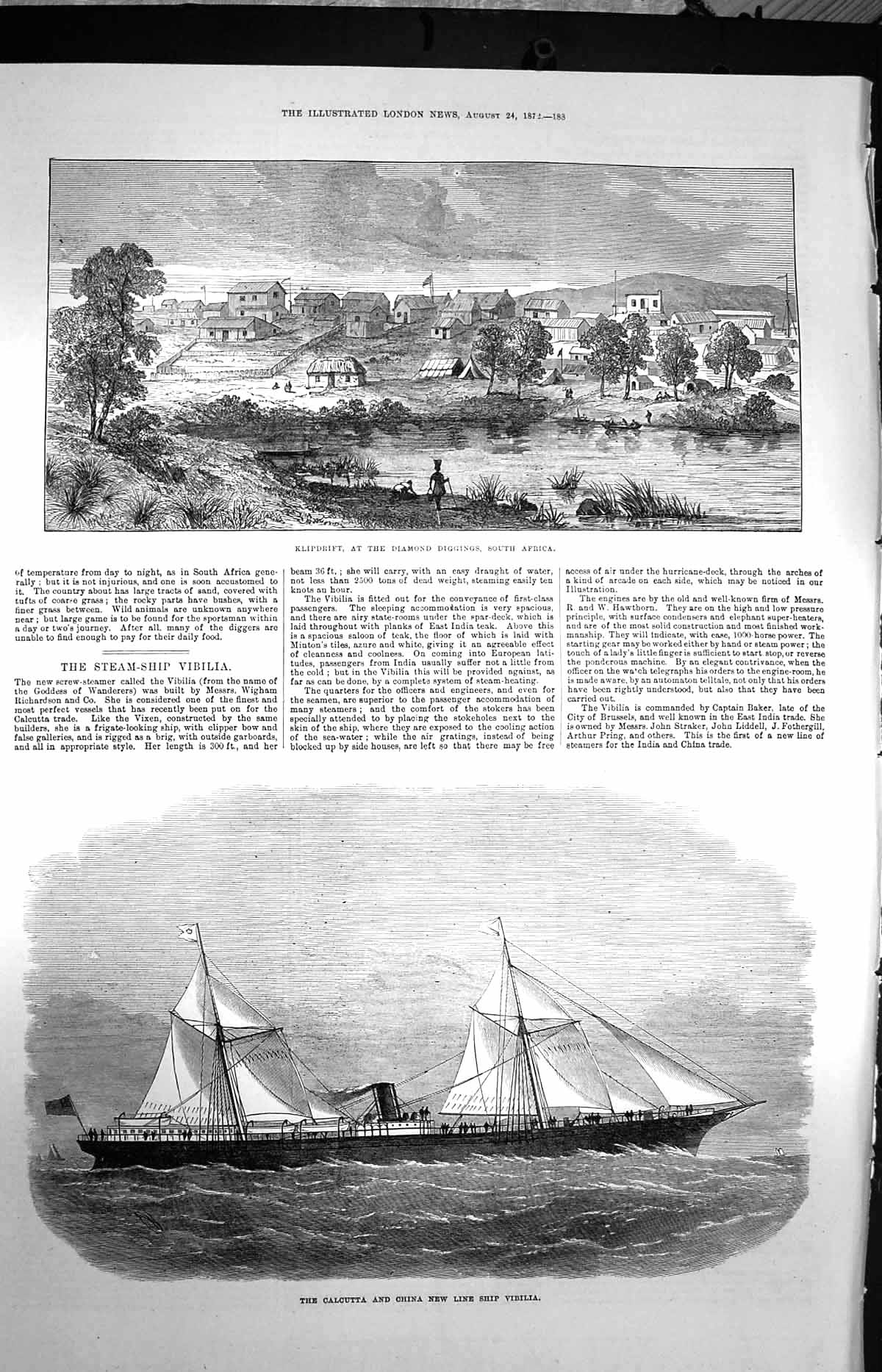 Original Old Antique Print 1872 Klipdrift Diamond Diggings Africa Ship Vibilia
