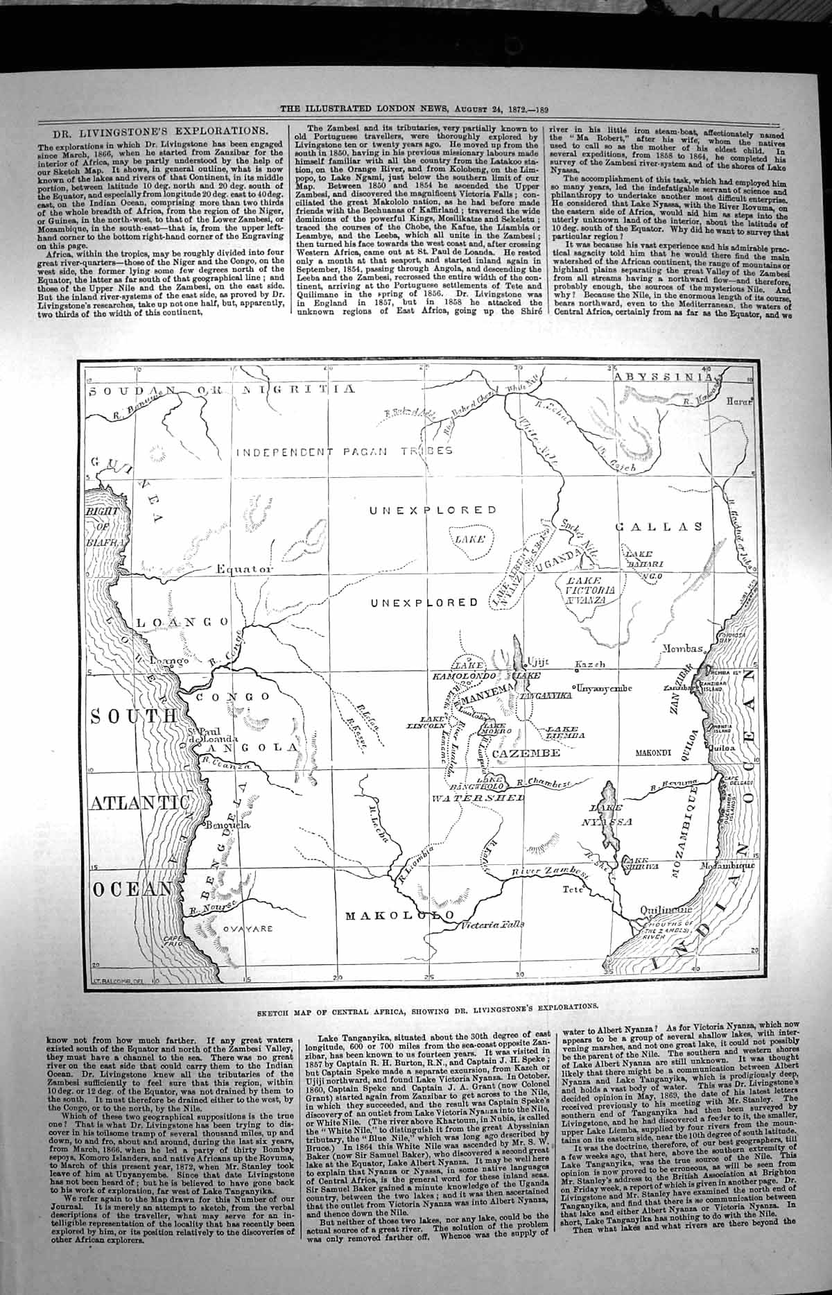 Original Old Antique Print 1872 Sketch Map Central Africa Livingstone Expl 19th