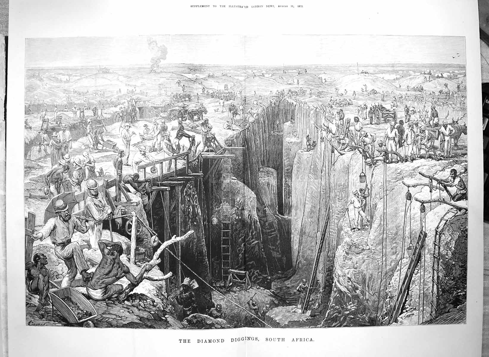 Original Old Antique Print 1872 Diamond Diggings South Africa Mining Natives