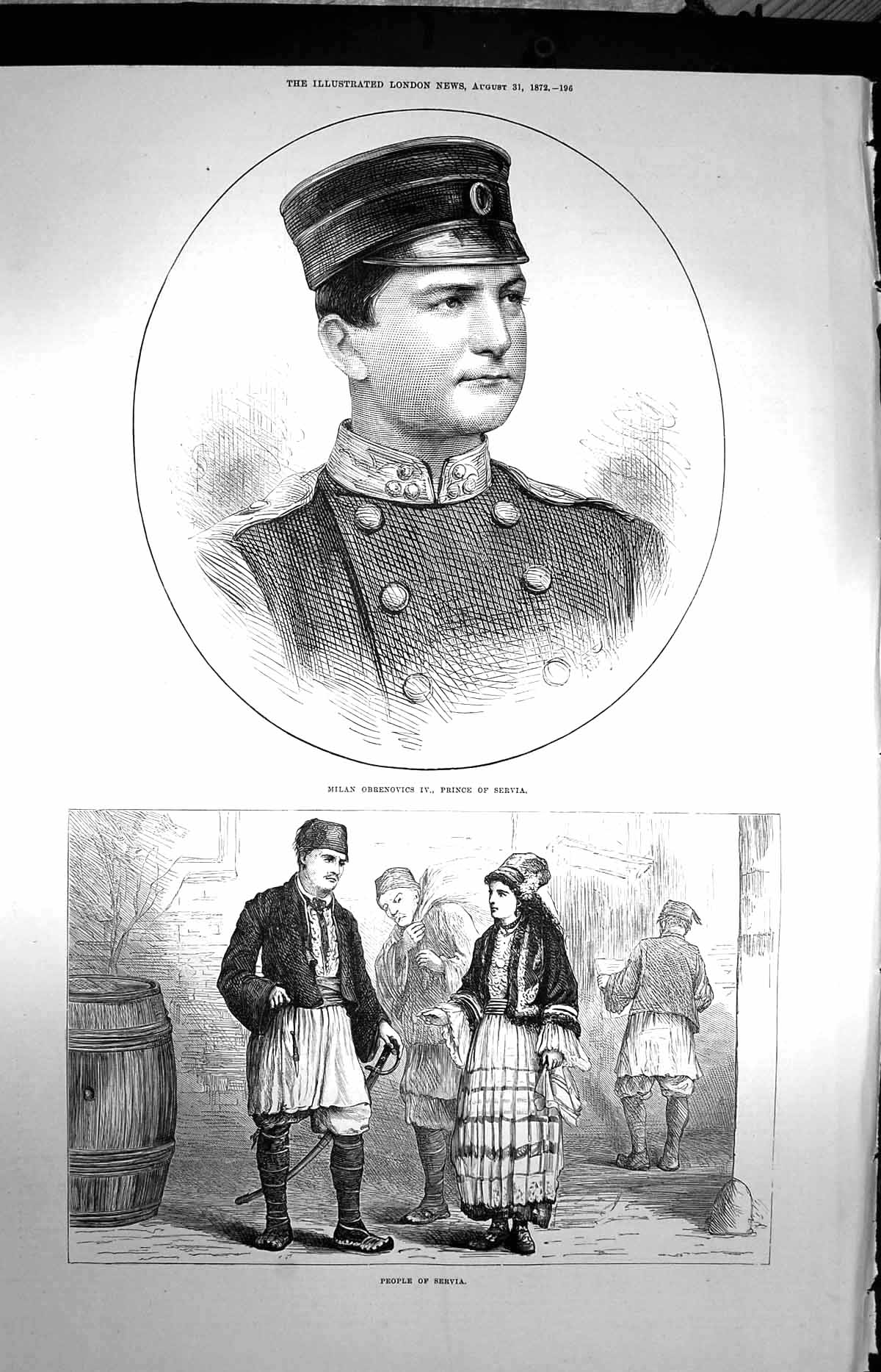 Original Old Antique Print 1872 Portrait Milan Obrenovics Prince Servia People