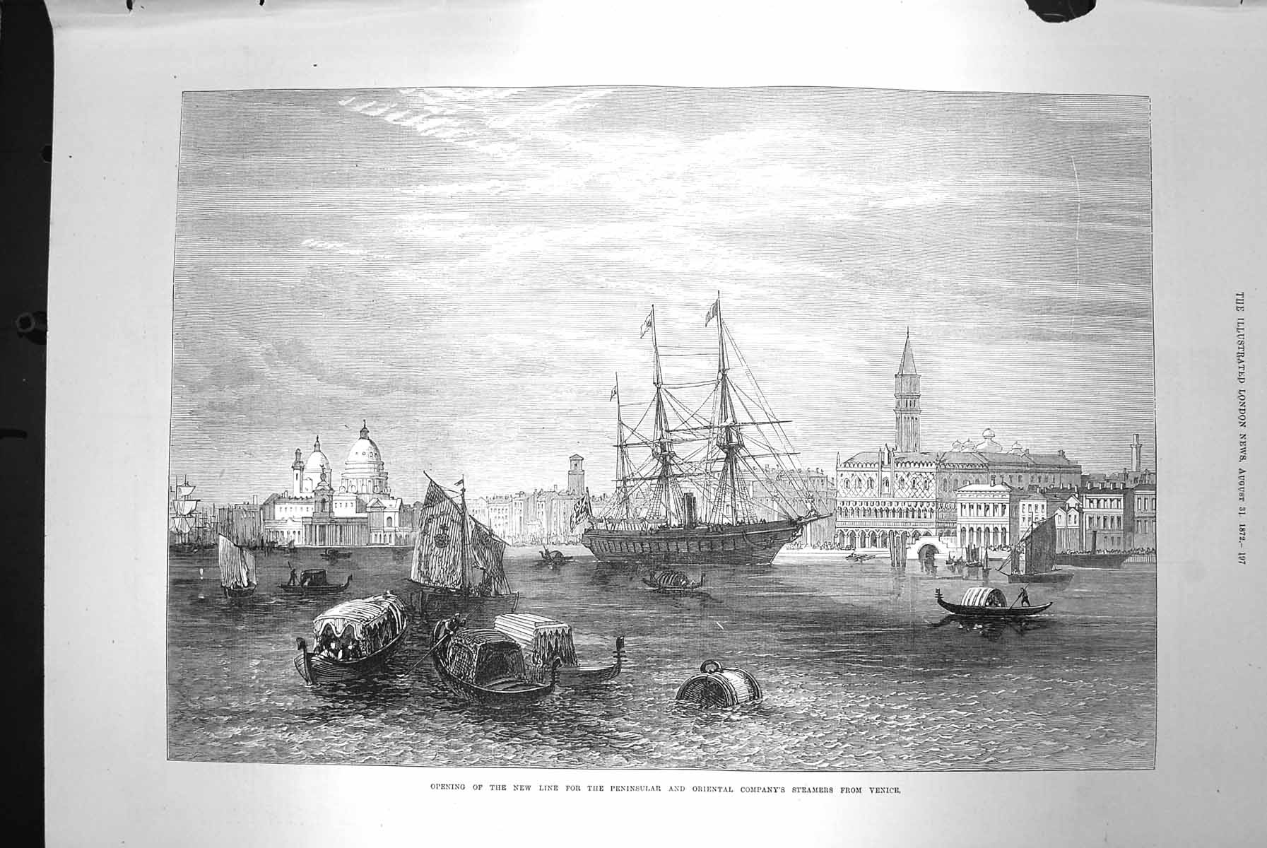 Old Antique Print 1872 Peninsular Oriental Company Steamers Venice Ships 19th