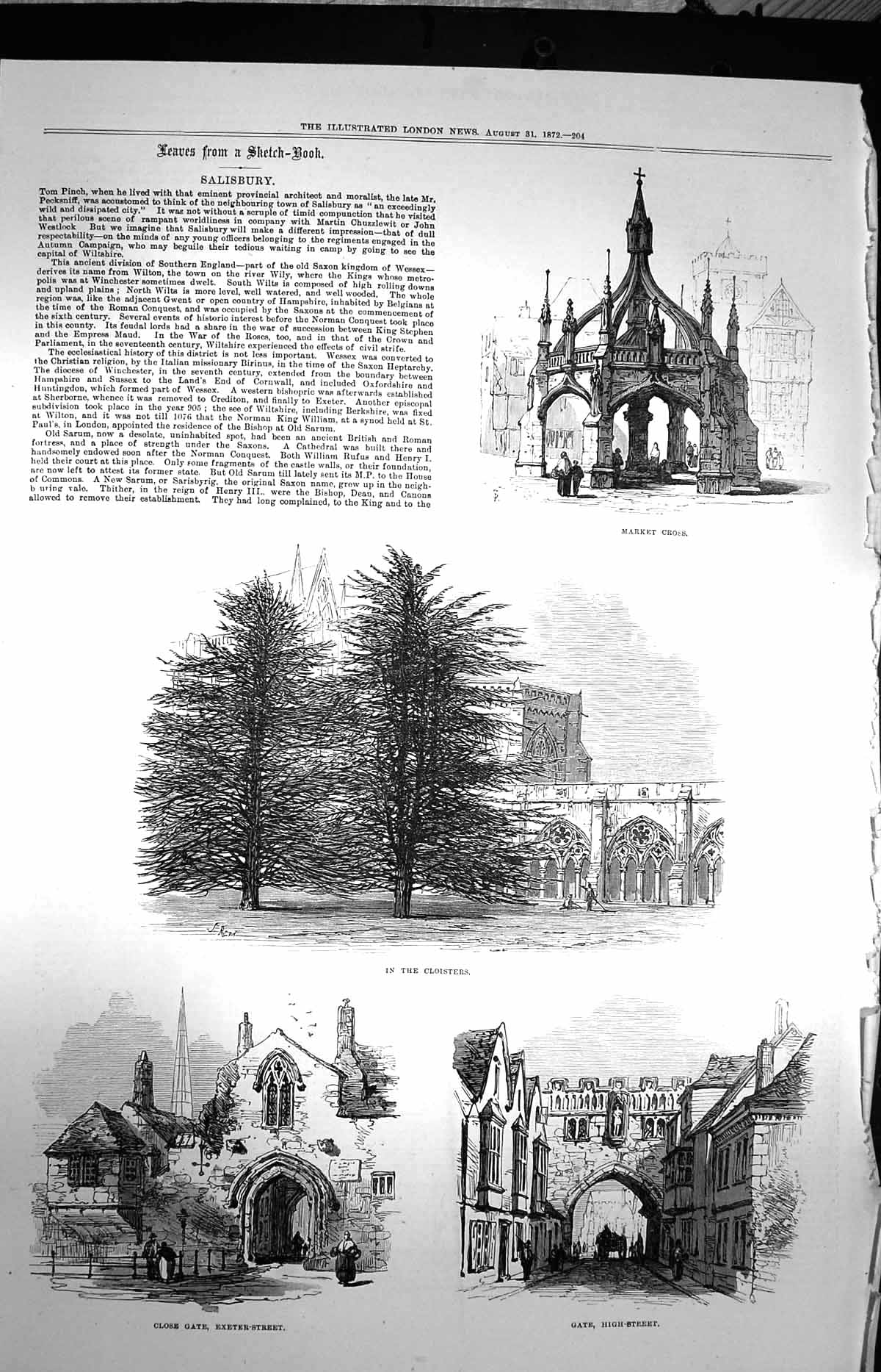 Old Antique Print 1872 Salisbury Market Cross Close Gate Exeter Cloisters 19th