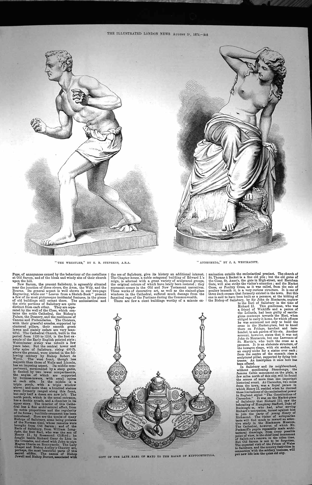 Old Antique Print 1872 Statue Wrestler Andromeda Gift Rajah Kuppoorthulla 19th