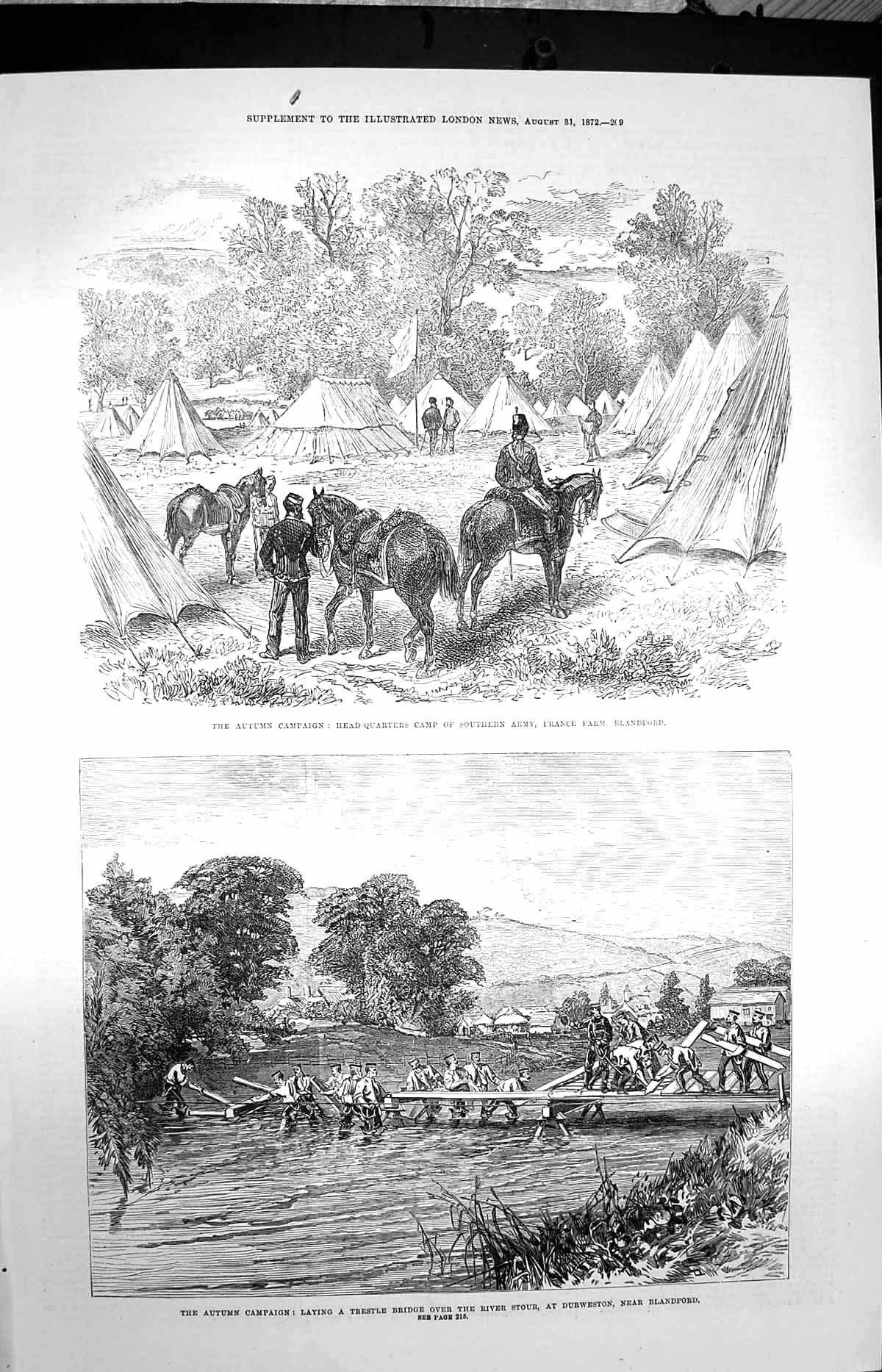Old Antique Print 1872 Autumn Campaign Camp Army France Stour Blandford 19th