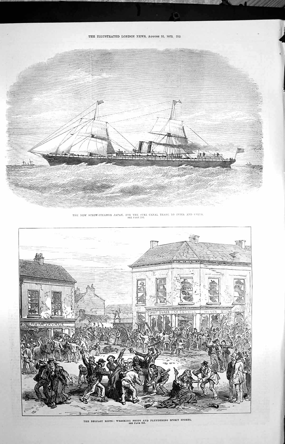 Old Antique Print 1872 Screw-Steamer Ship Japan Suez Belfast Riots Stores 19th