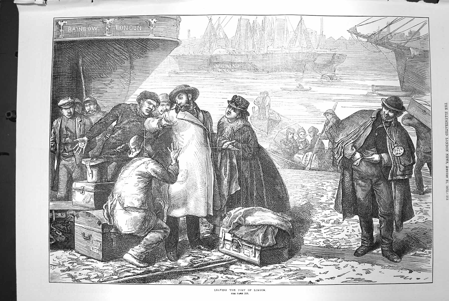 Old Antique Print 1872 Scene Leaving Port London Docks Ships Passengers 19th