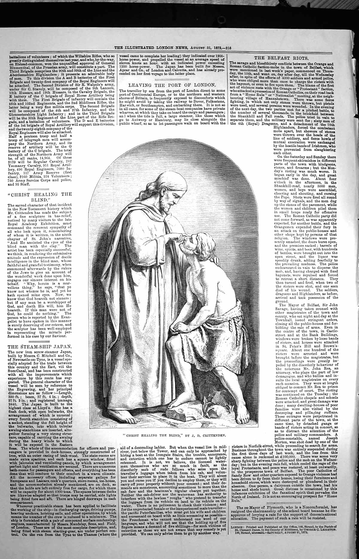 Old Antique Print 1872 Statue Christ Healing The Blind Scene Crittenden 19th