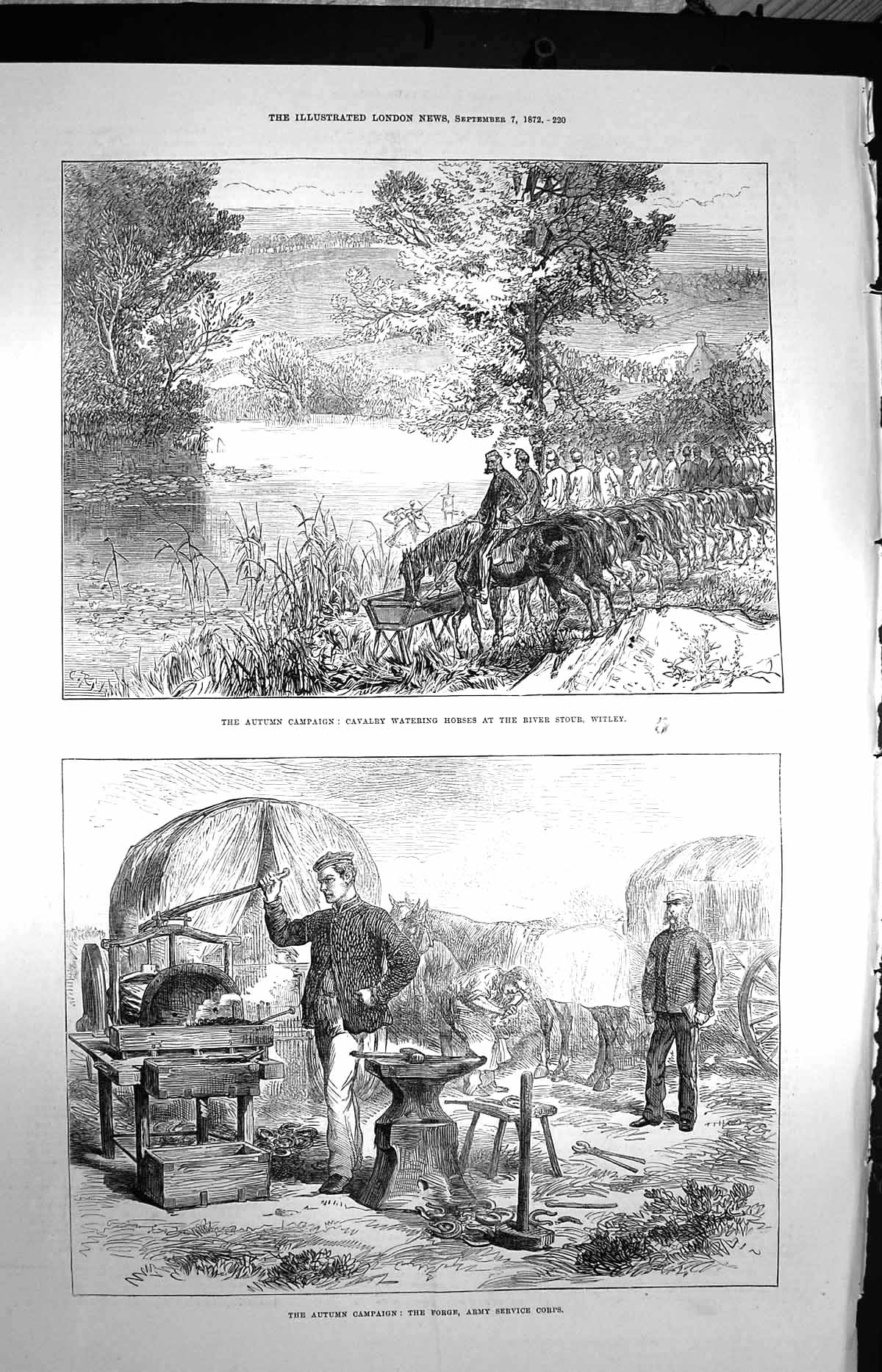 Original Old Antique Print 1872 Army Service Corps Forge River Stour Witley