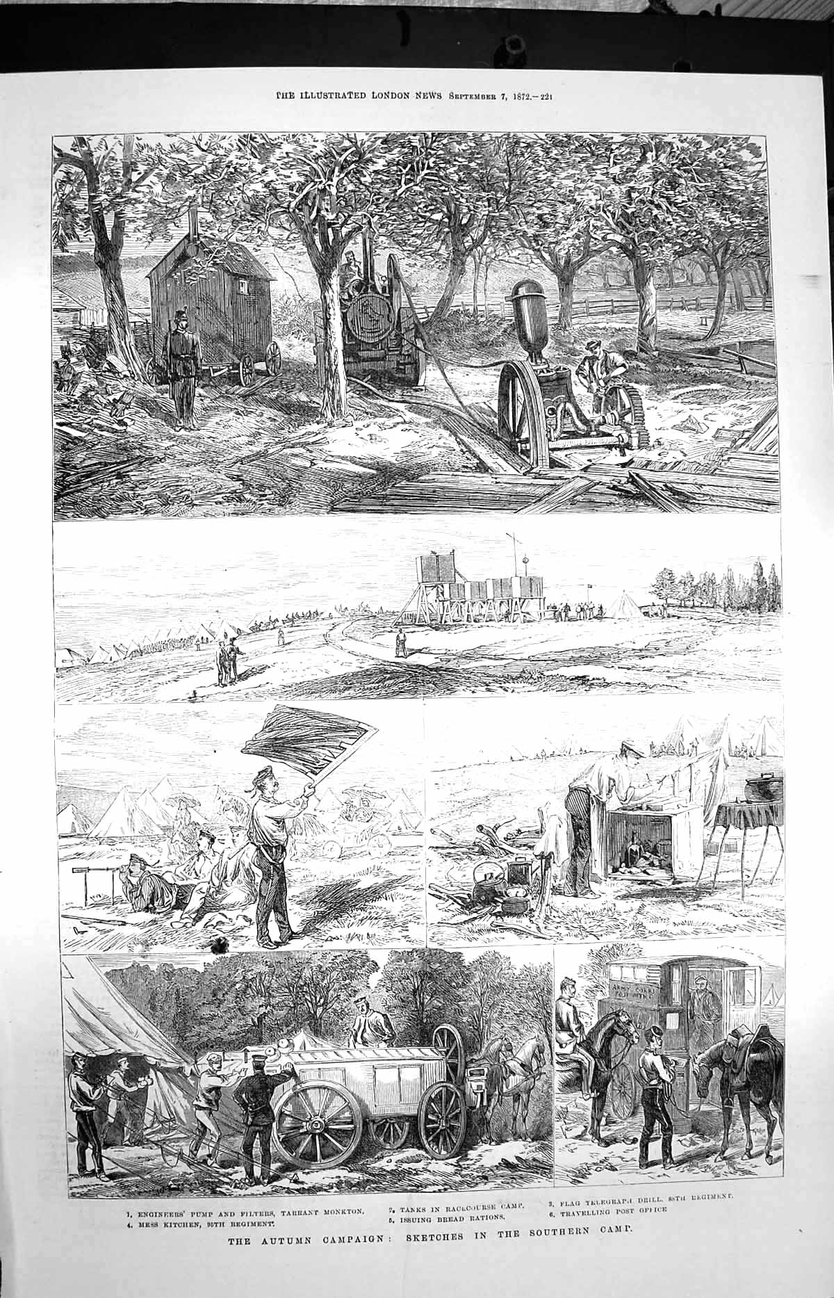 Original Old Antique Print 1872 Autumn Campaign Engineers Post Office Siers