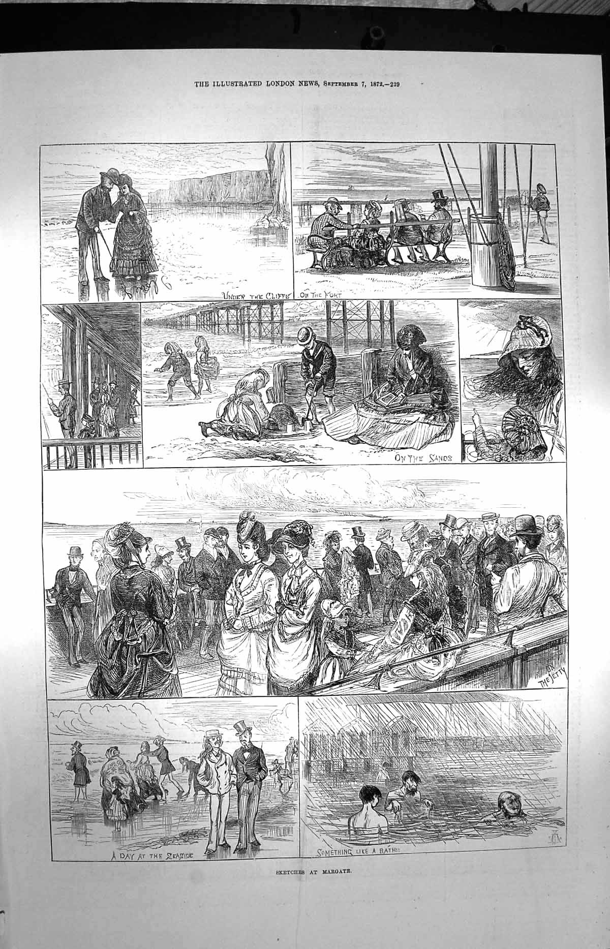 Original Old Antique Print 1872 Margate Sands Beach Jetty Seaside Bathing Sea