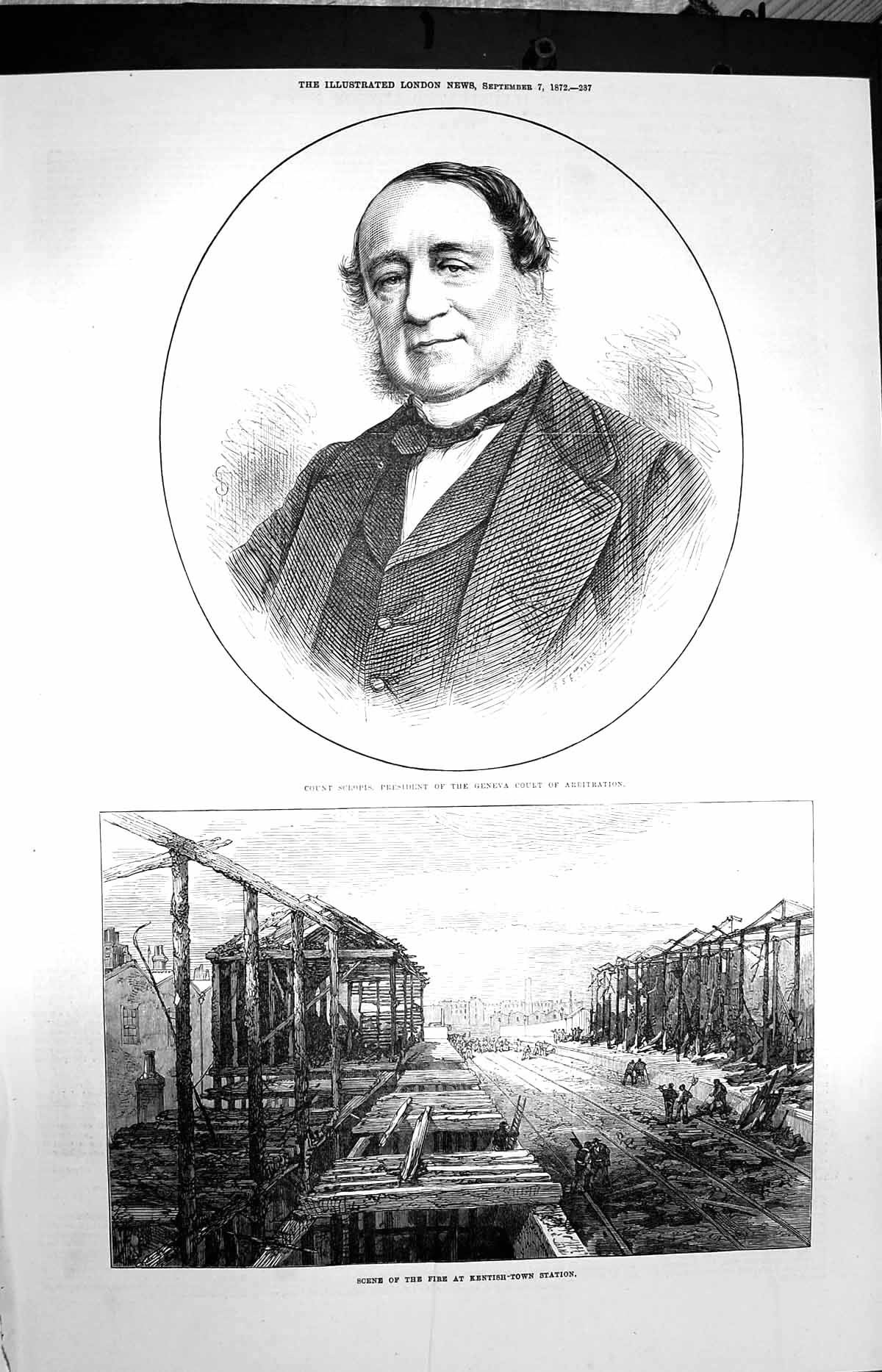 Original Old Antique Print 1872 Count Sclopis Fire Kentish Town Railway Station