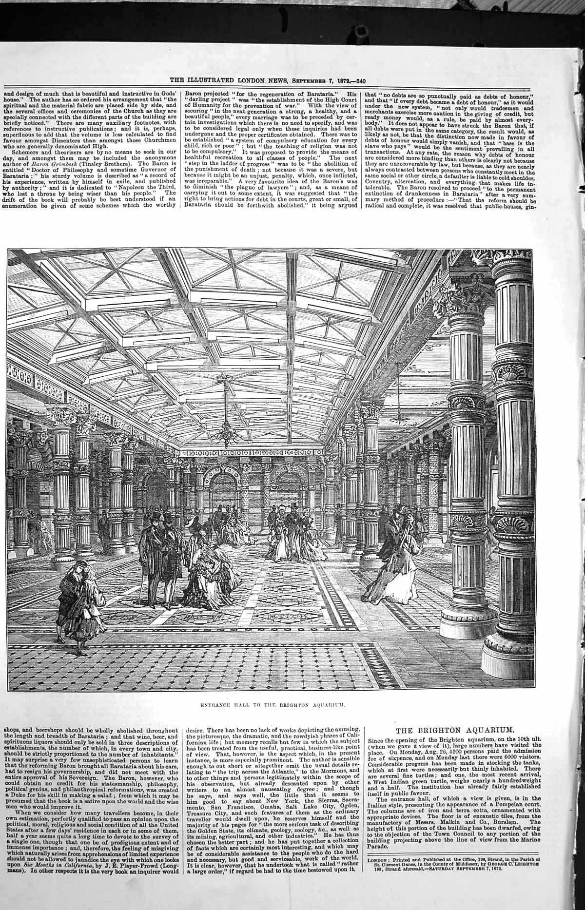 Original Old Antique Print 1872 Entrance Hall Brighton Aquarium Architecture