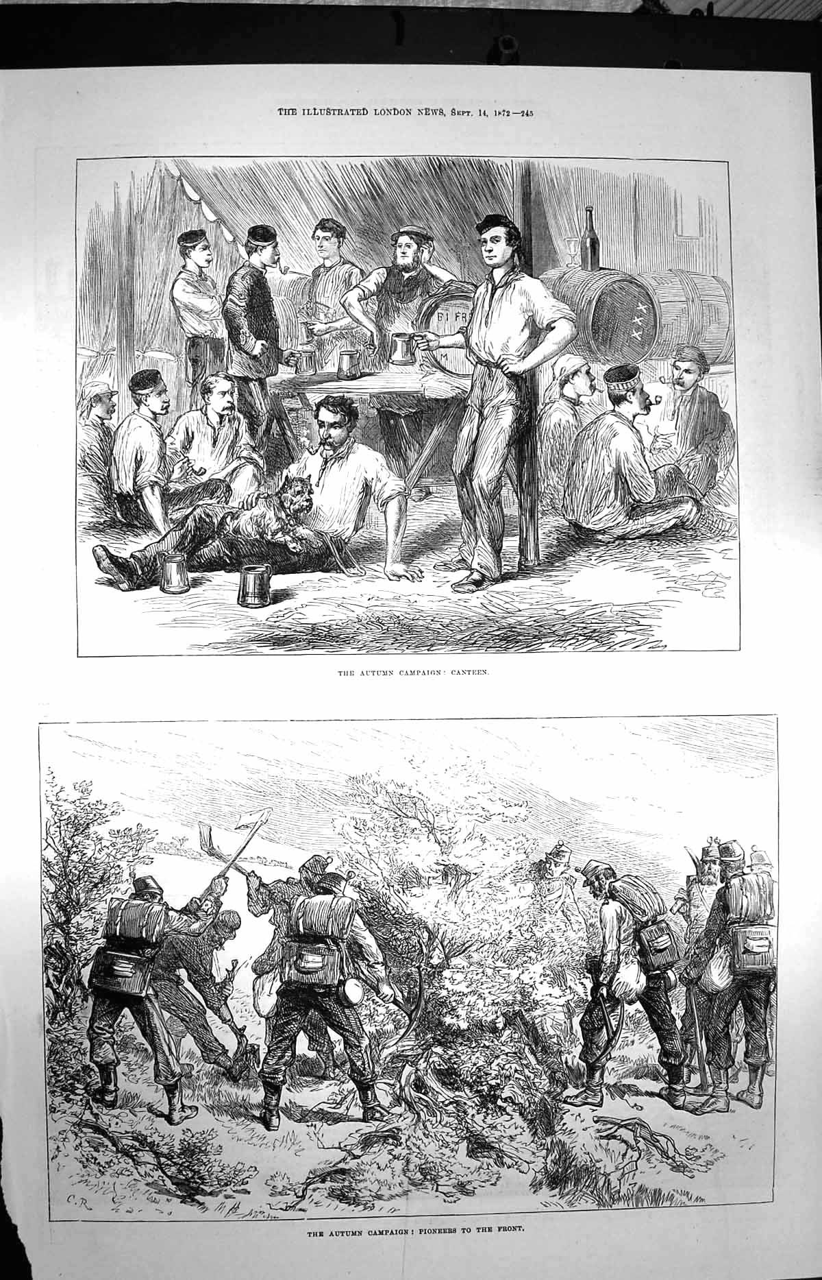 Original Old Antique Print 1872 Autumn Campiagn Canteen Siers Pioneers War 19th