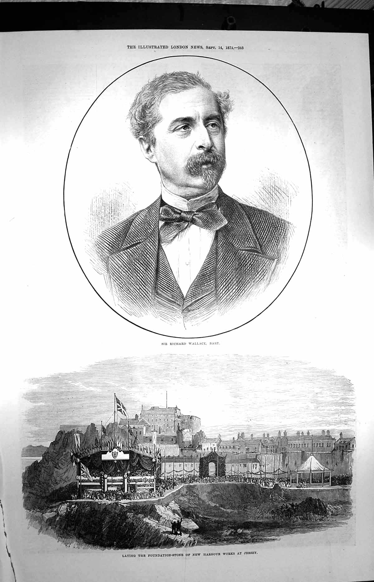 Old Antique Print 1872 Portrait Richard Wallace Foundation Harbour Jersey 19th