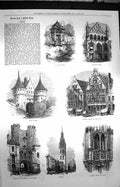Original Old Antique Print 1872 Ghent Porte Rabot Belfry Castle Flanders Hotel