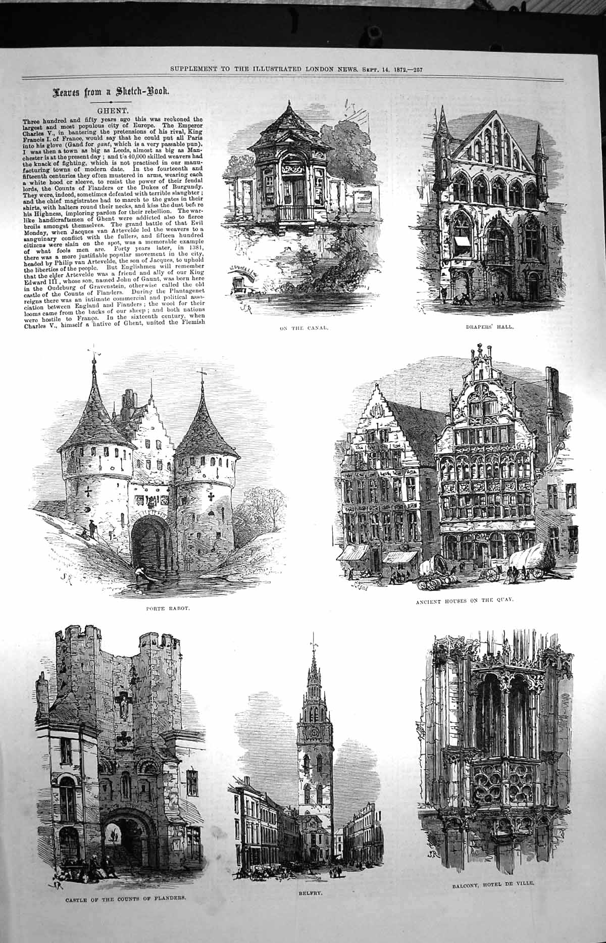 Original Old Antique Print 1872 Ghent Porte Rabot Belfry Castle Flanders Hotel