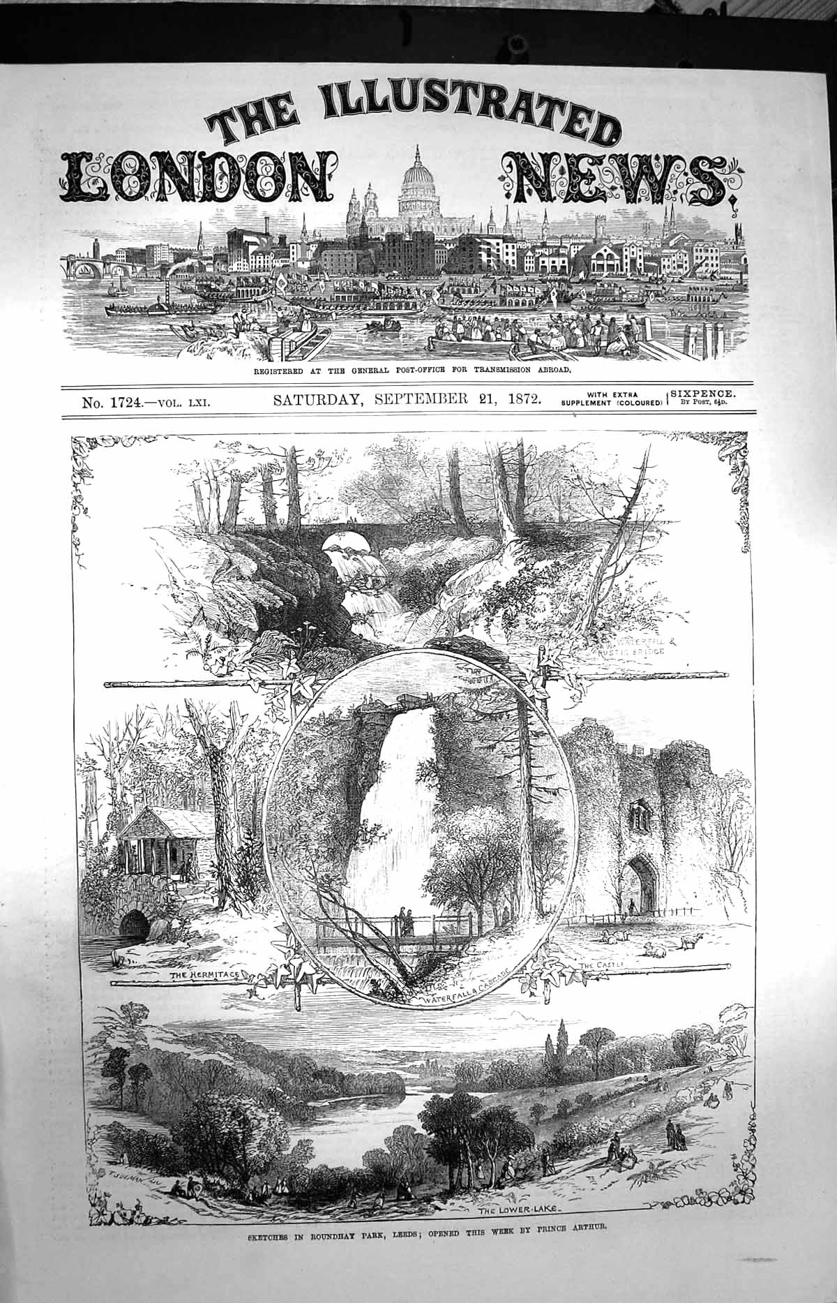Original Old Antique Print 1872 Roundhay Park Leeds Prince Arthur Castle He 19th