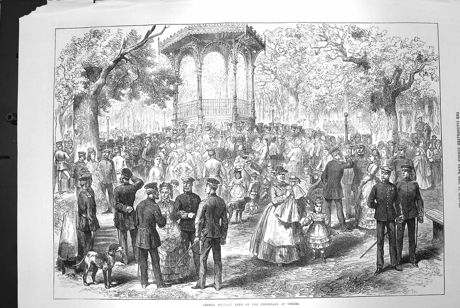 Original Old Antique Print 1872 German Military Music Band Promenade Rheims