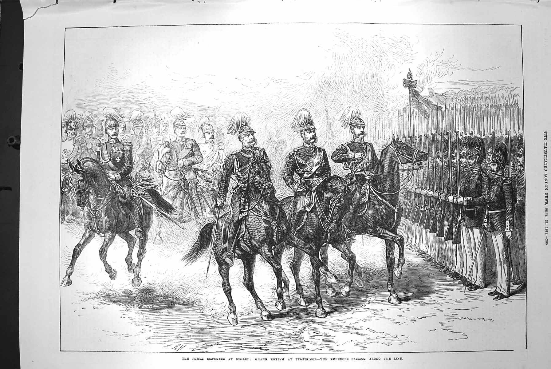 Original Old Antique Print 1872 Berlin Emperors TempelhSiers Horses Victorian