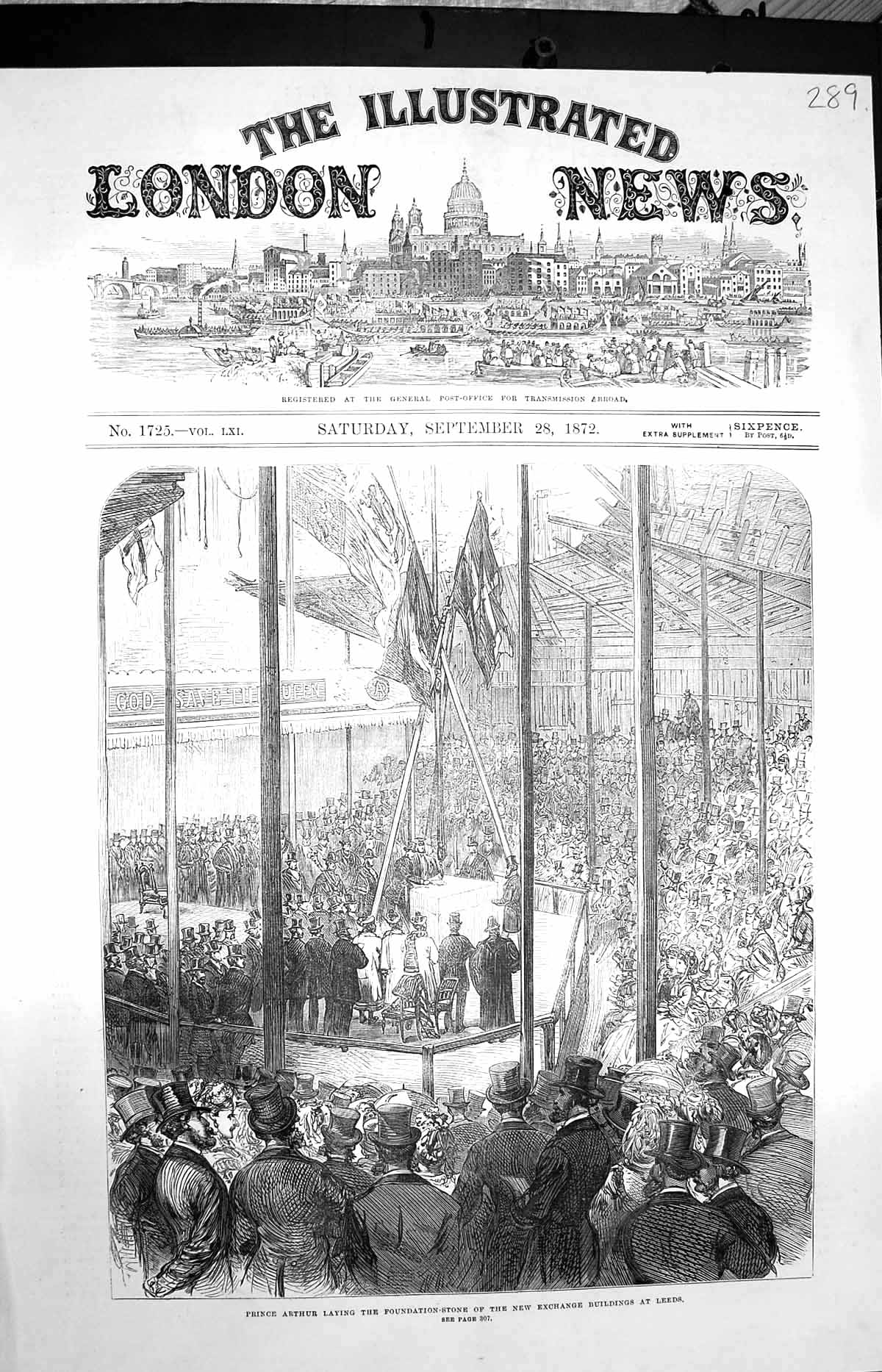 Old Antique Print 1872 Prince Arthur Exchange Buildings Leeds Foundation 19th