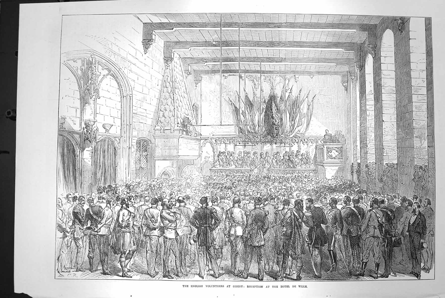 Old Antique Print 1872 English Volunteers Ghent Reception Hotel De Ville 19th