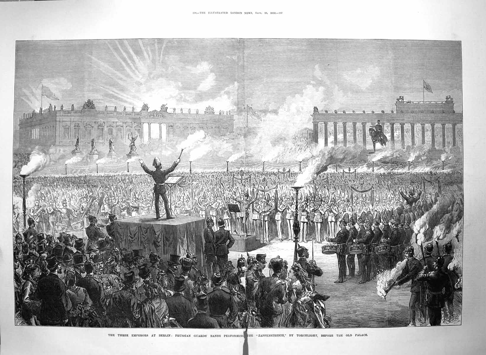 Original Old Antique Print 1872 Damaged Prussian Band Berlin Zapfenstreich