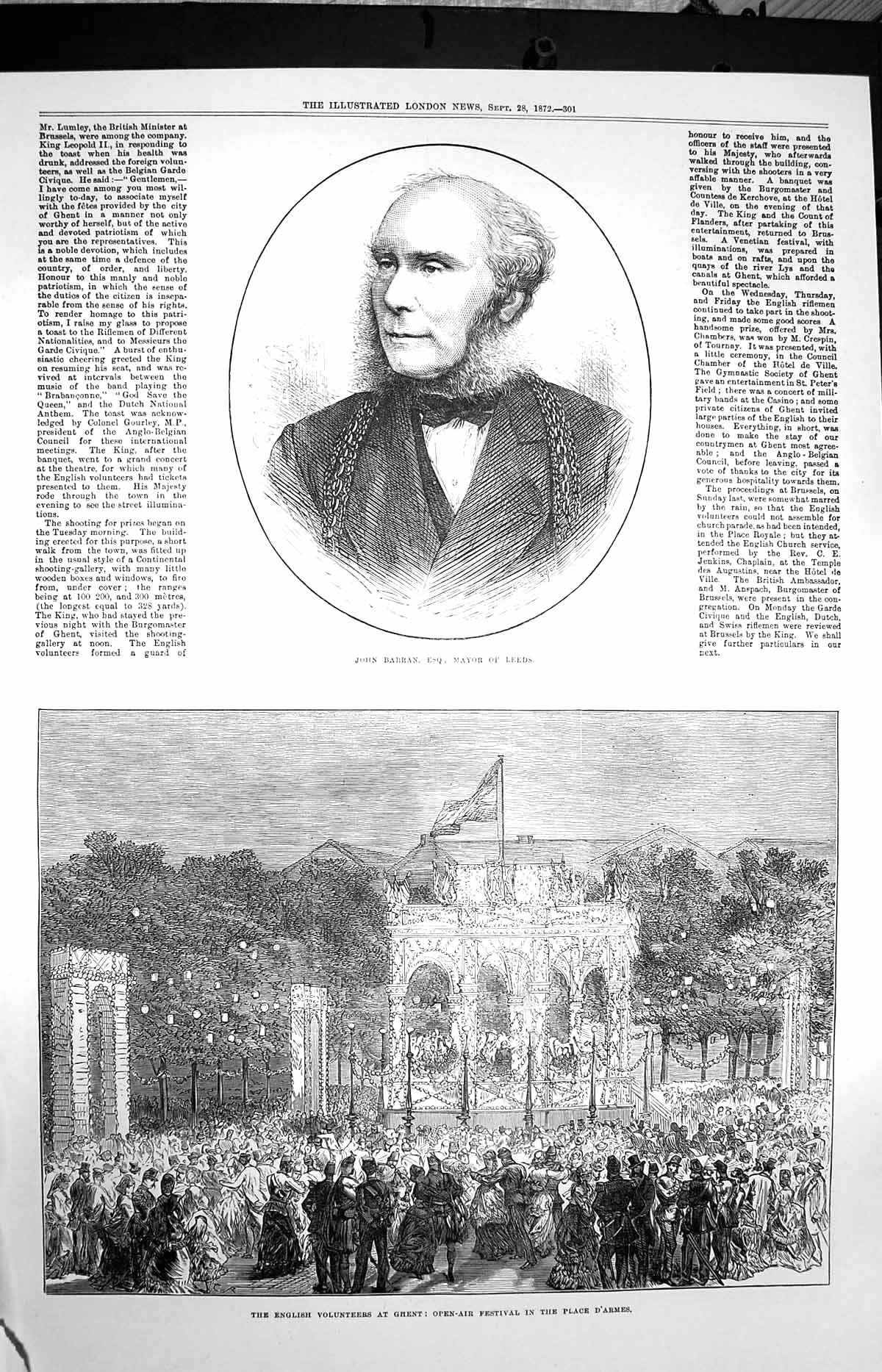 Original Old Antique Print 1872 John Barran Mayor Leeds Festival Ghent 19th