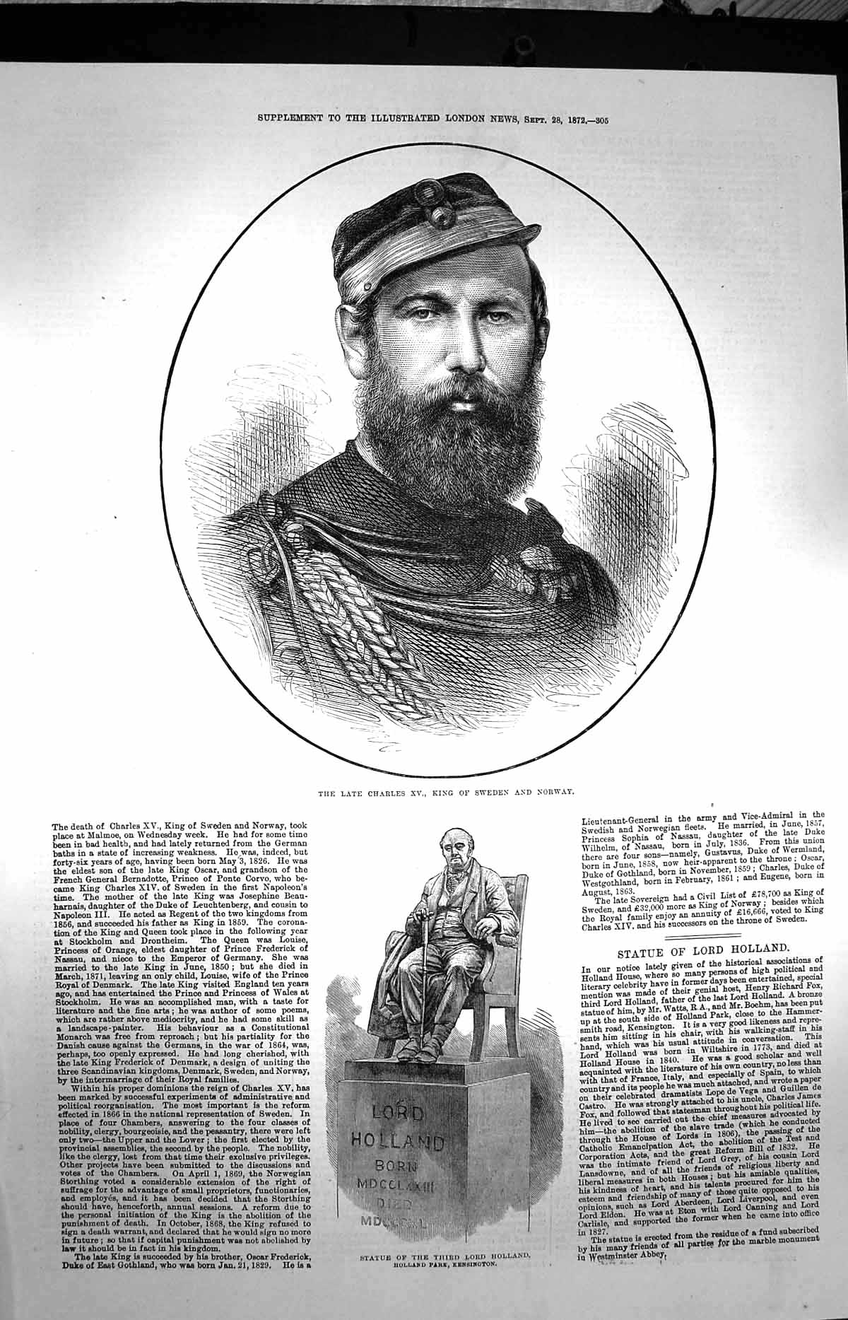 Antique Old Print *3973 1872 Charles King Sweden Norway Statue Lord Holland